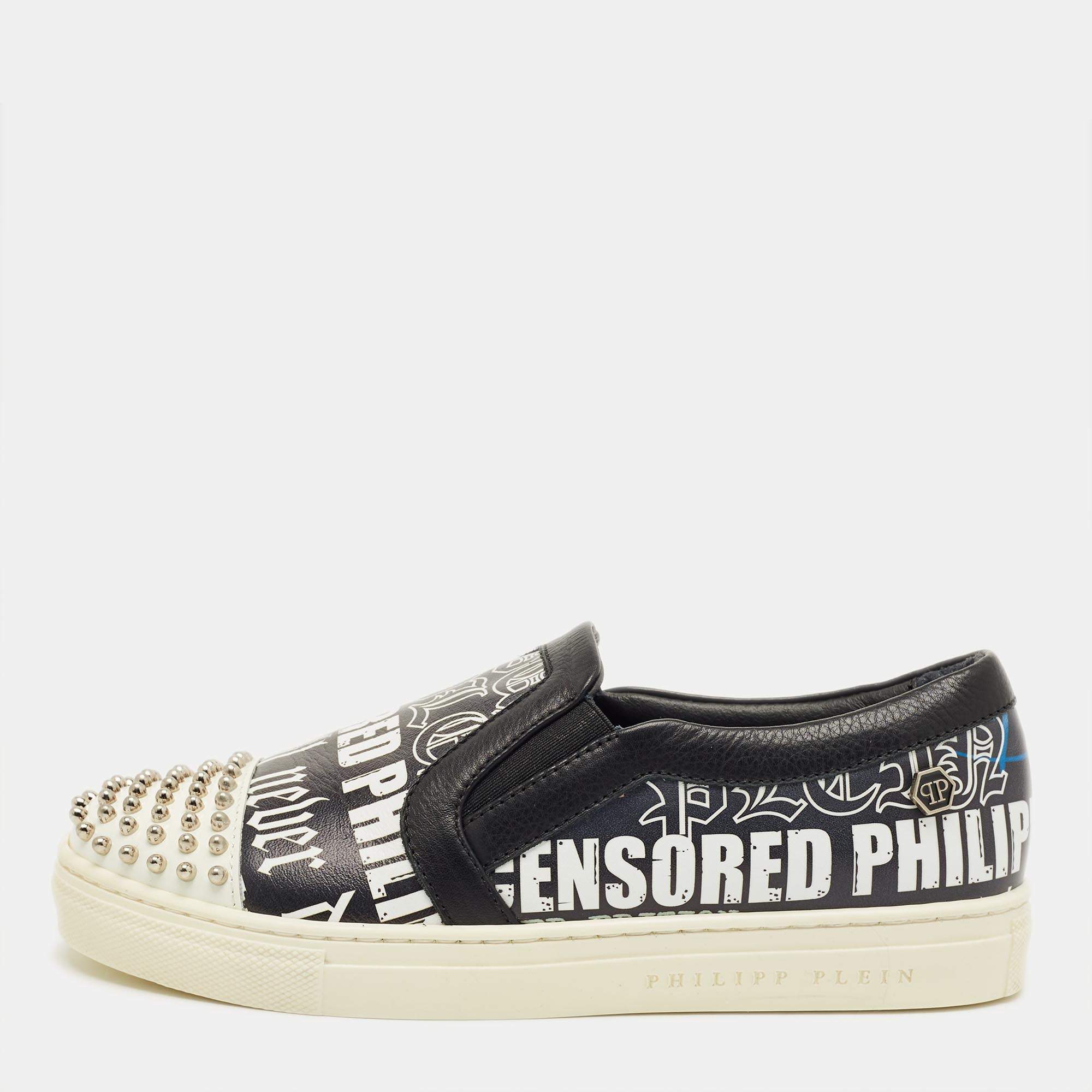 Pre Owned Philipp Plein Black/White Graffiti Print Leather Studded Slip On Sneakers Size 33