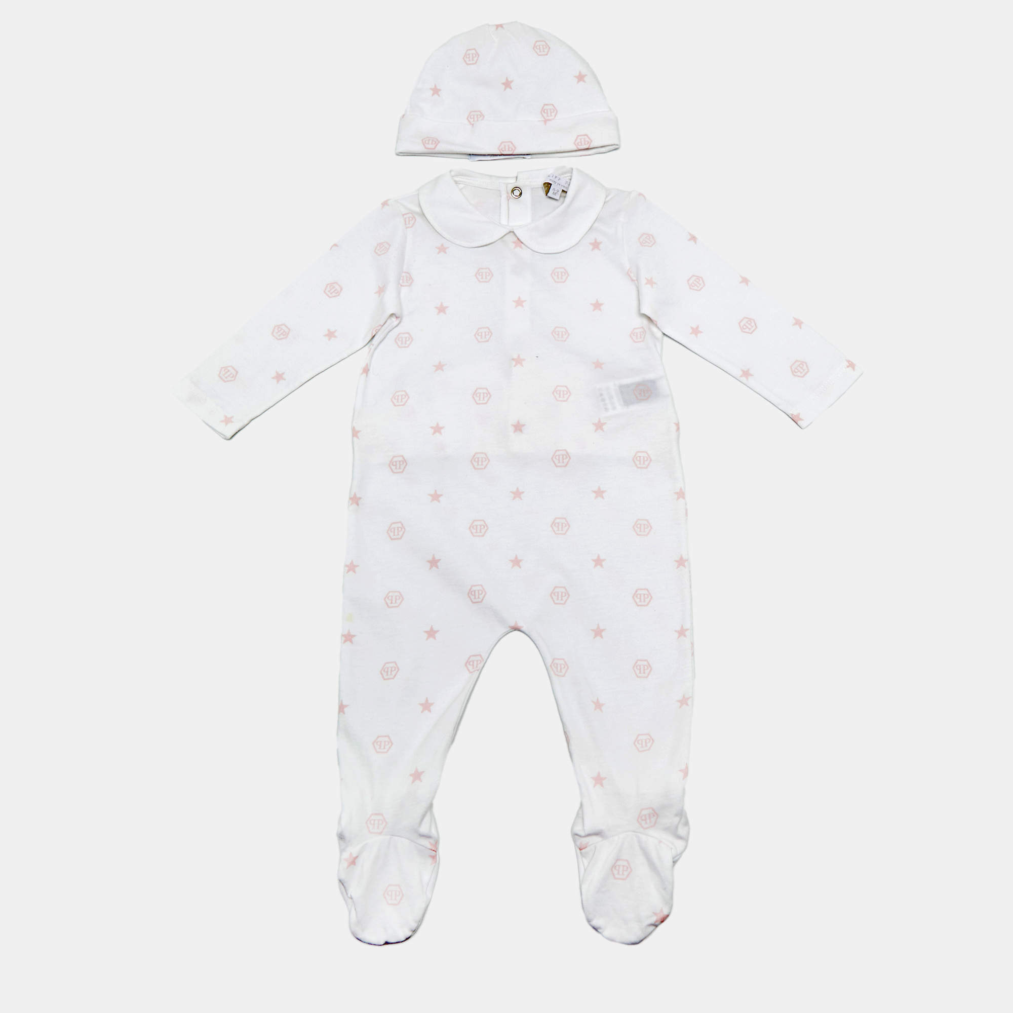 Pre Owned Philip Plein Baby White Printed Cotton Onesie Set 6-9M