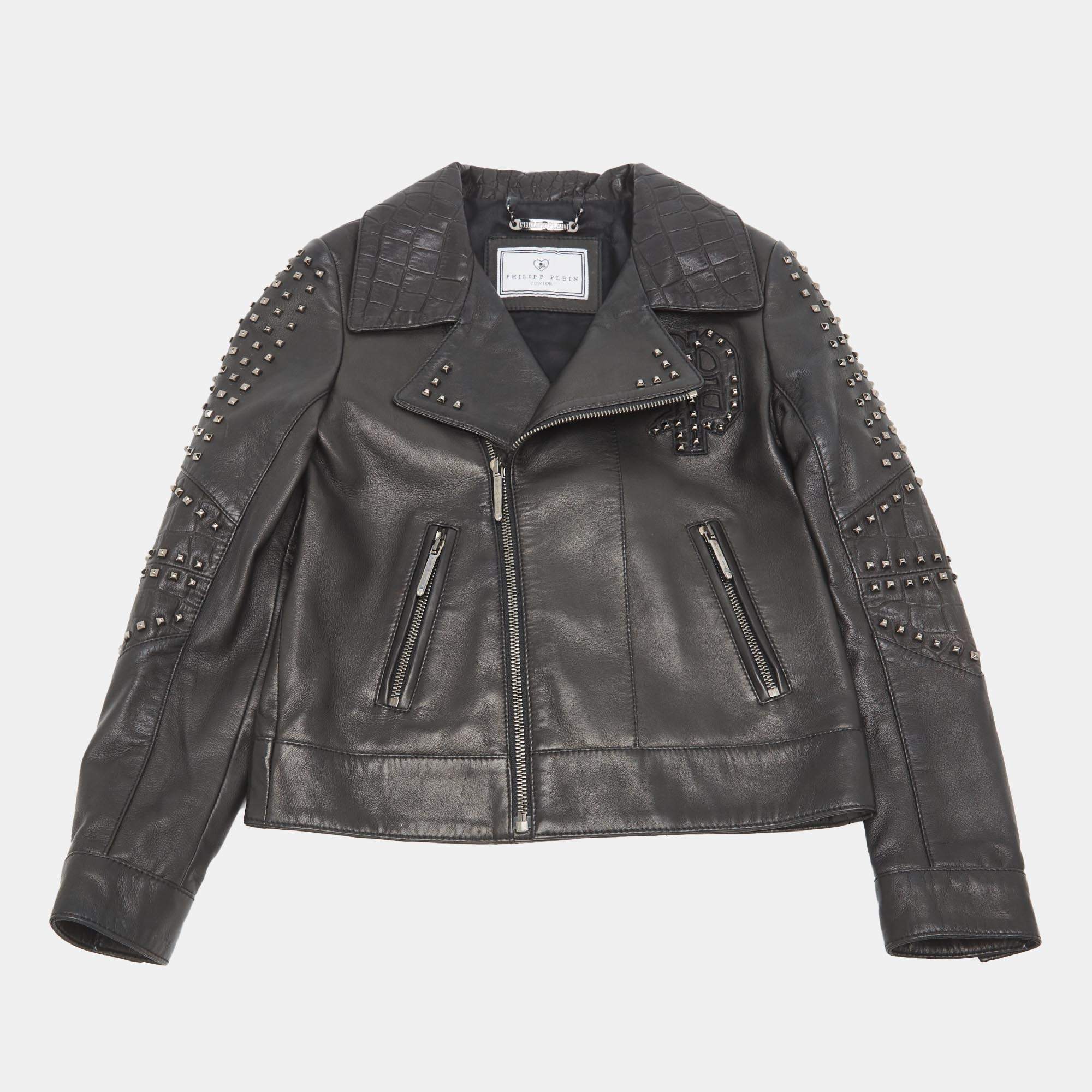 Pre Owned Philipp Plein Junior Black Studded Textured Leather Detail Jacket 8 Yrs