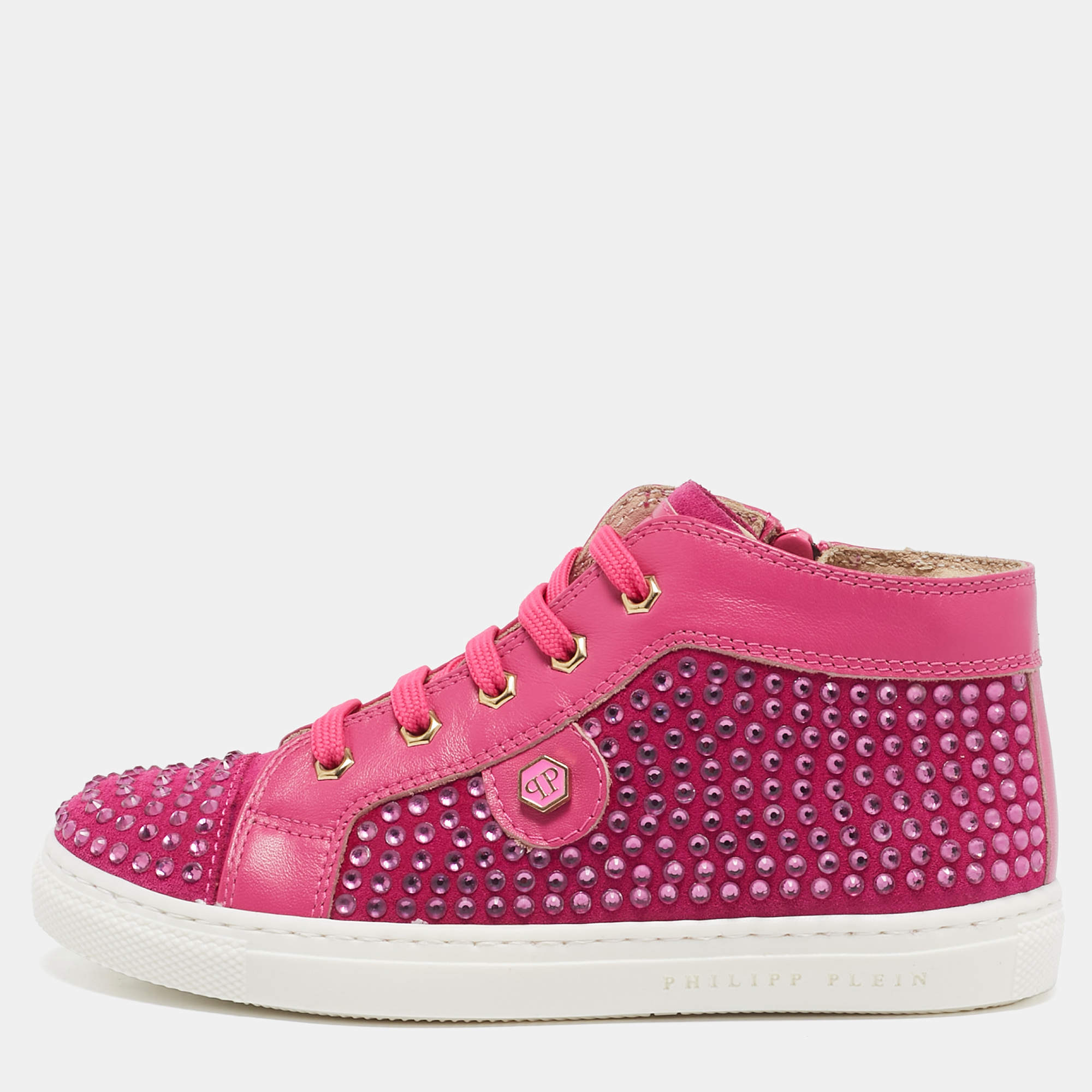Philipp Plein Pink Suede Crystal Embellished High Top Sneakers Size 29