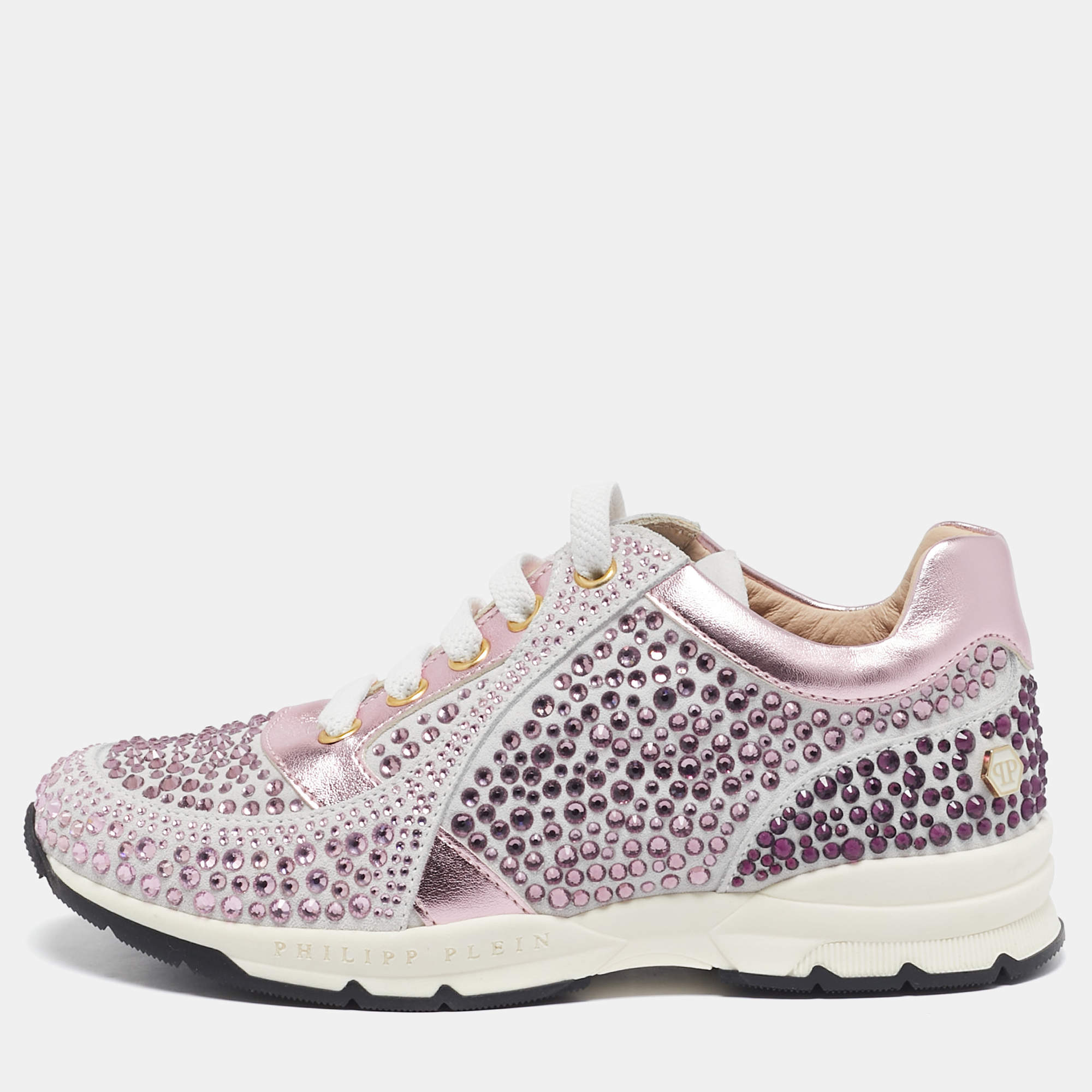 Pre Owned Philipp Plein Metallic Pink/White Leather and Suede Crystal Embellished Klarissa Sneakers Size 31