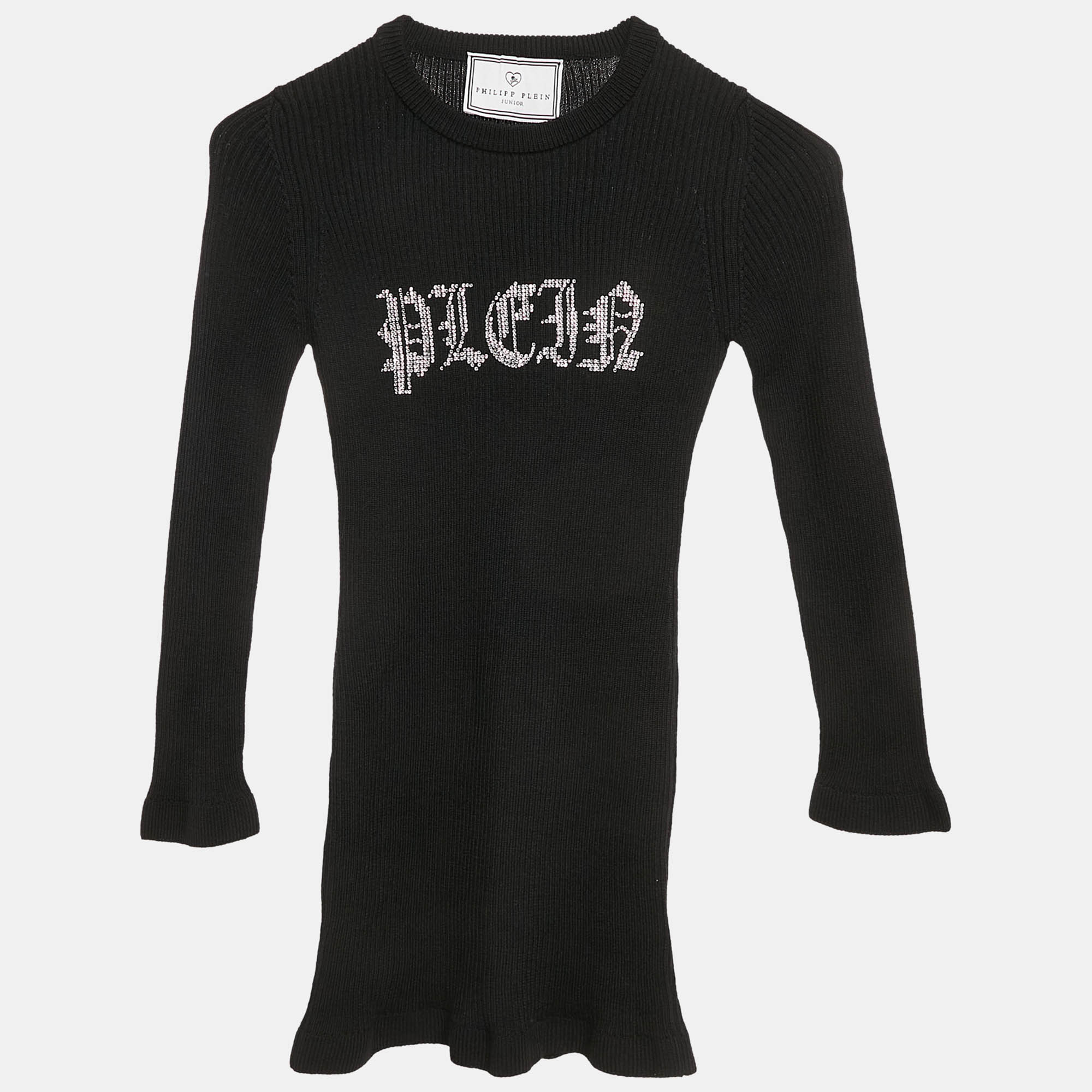 Pre Owned Philipp Plein Junior Black Crystal Embellished Rib Knit Day Dress 8 Yrs