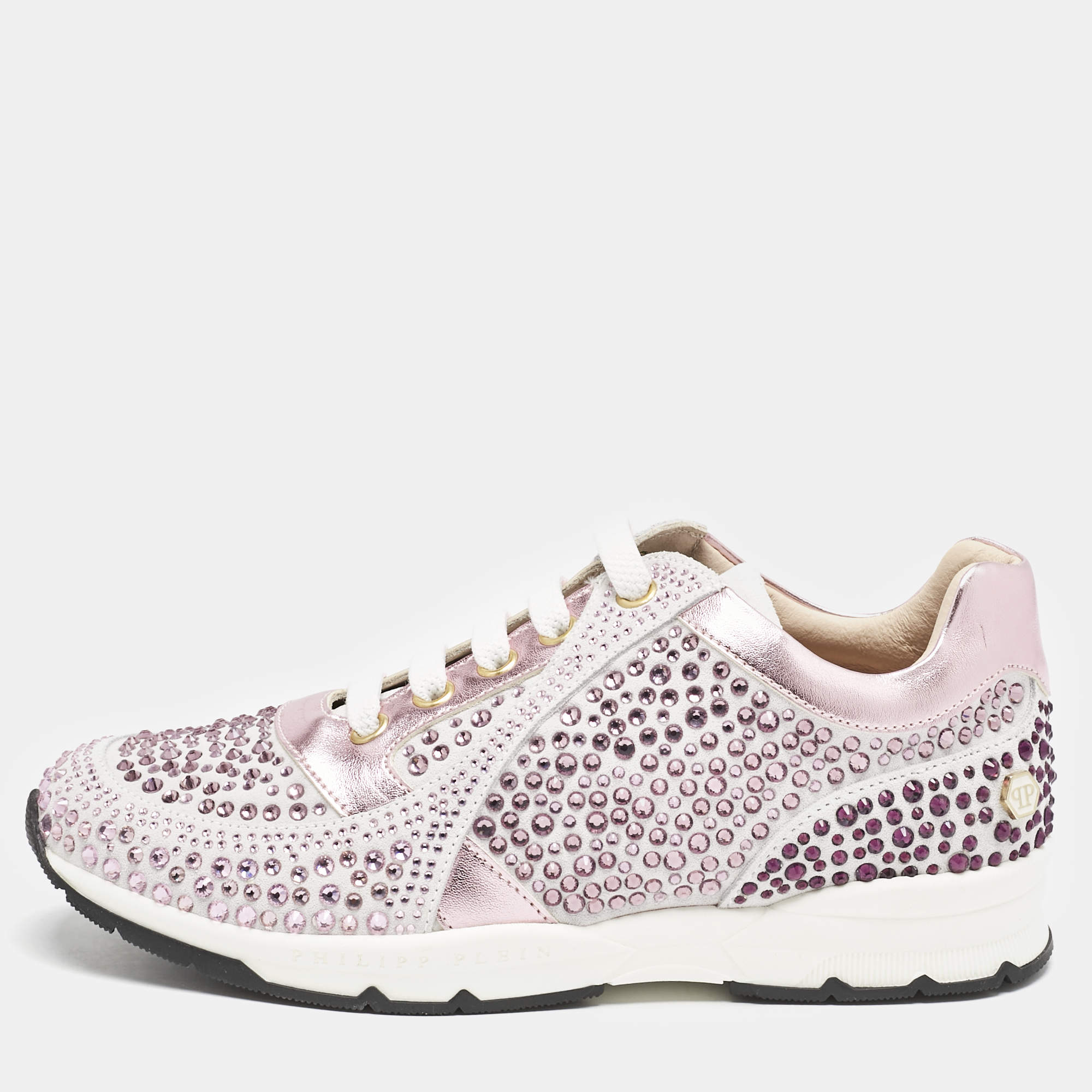 Philipp Plein Metallic Pink/White Leather and Suede Crystal Embellished Klarissa Sneakers Size 34