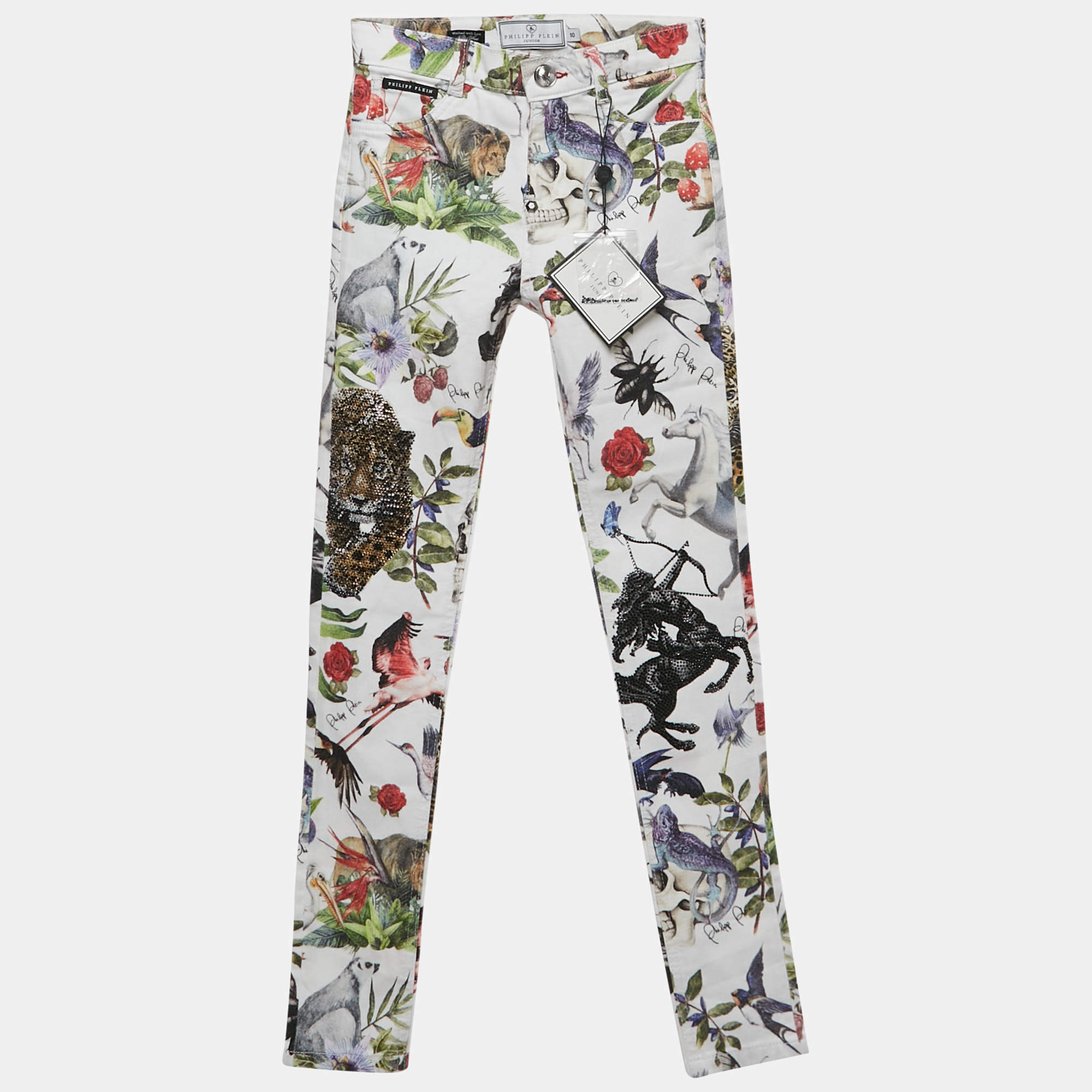 Pre Owned Philipp Plein Junior White Jungle Print Denim Studded Jeans 10 Yrs Waist 23"