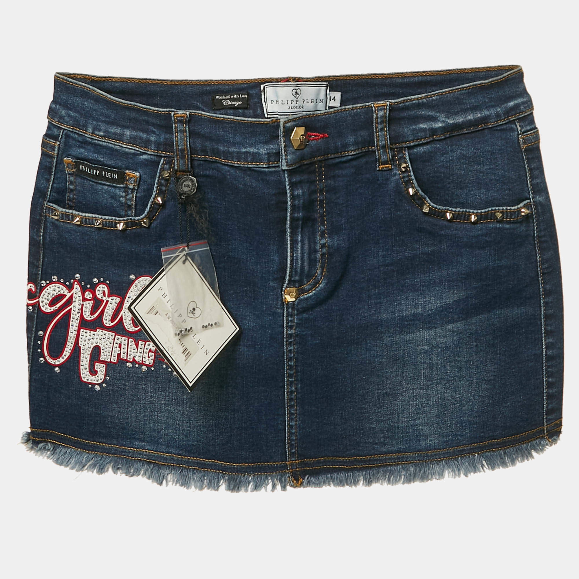 Philipp Plein Blue Studded Denim Raw Edge Skirt 14 Yrs