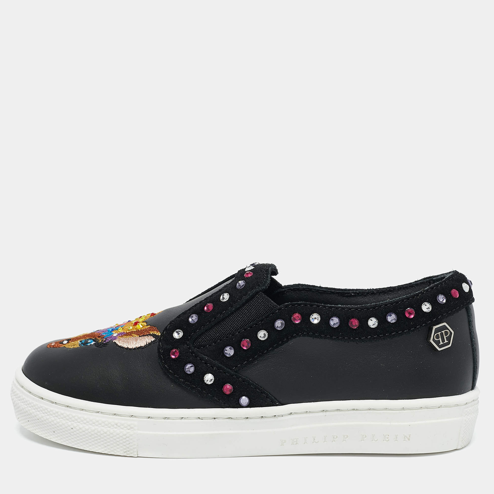 Philipp Plein Black Leather Embellished Lea Sneakers Size 27