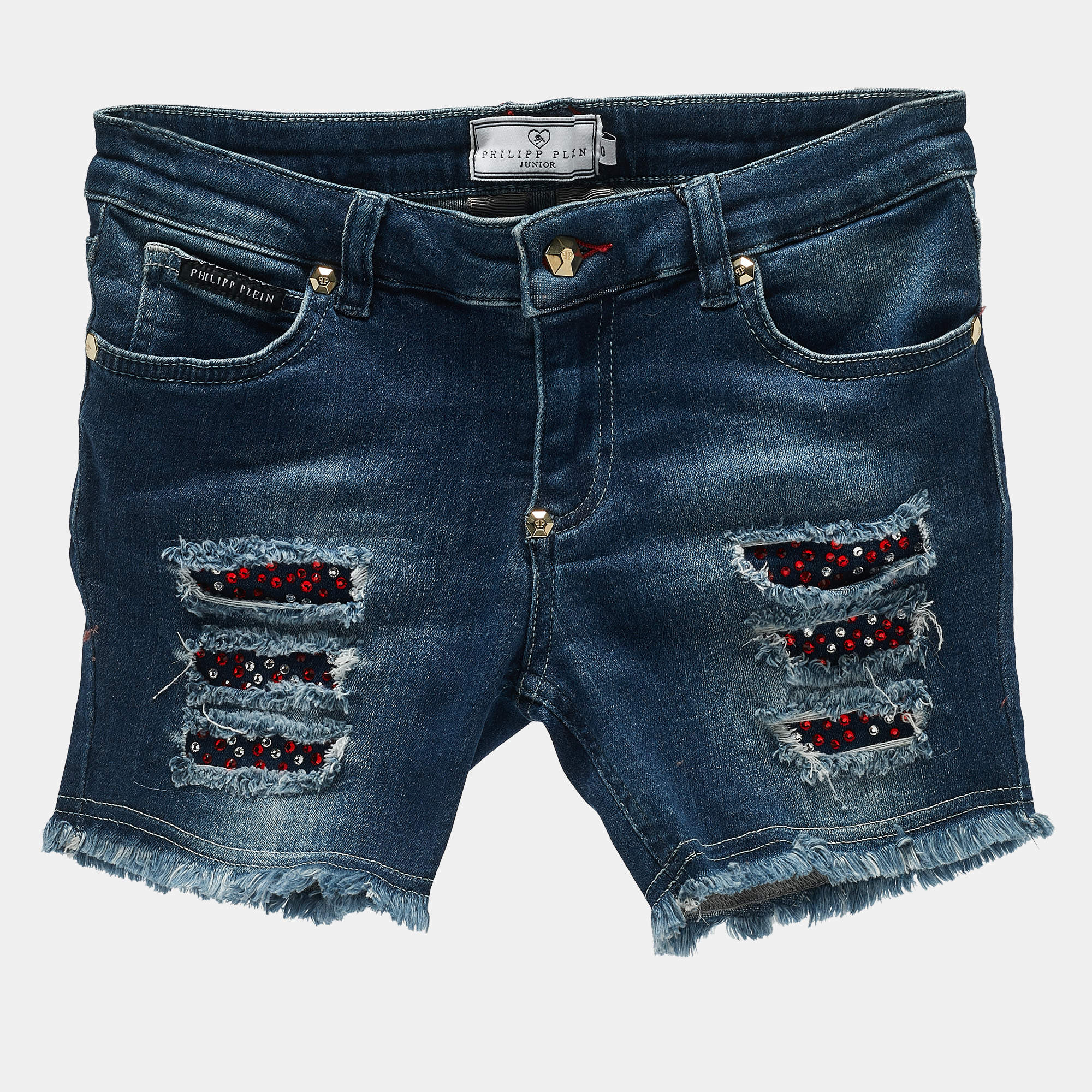 Philipp Plein Kids Middle Blue Studded Denim Distressed Shorts 10 Yrs