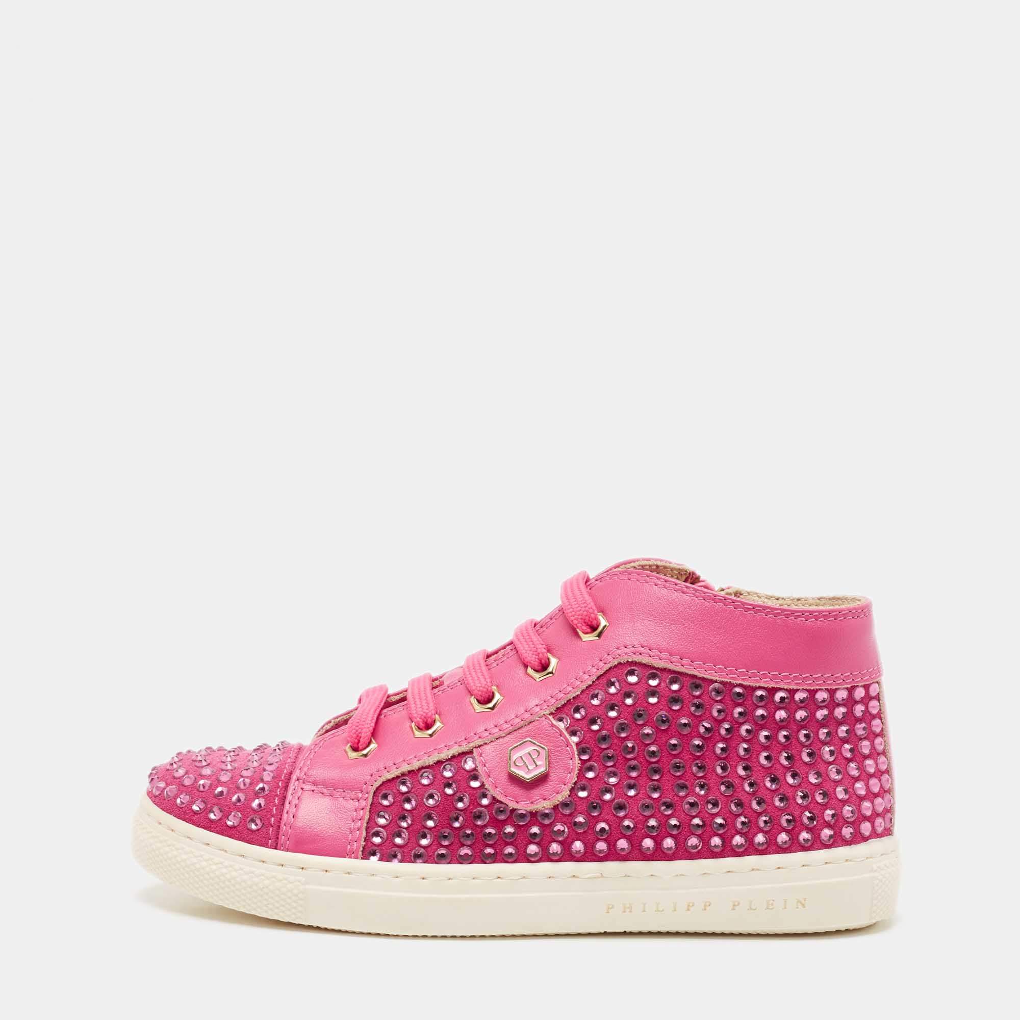 Philipp Plein Pink Suede Crystal Embellished High Top Sneakers Size 28