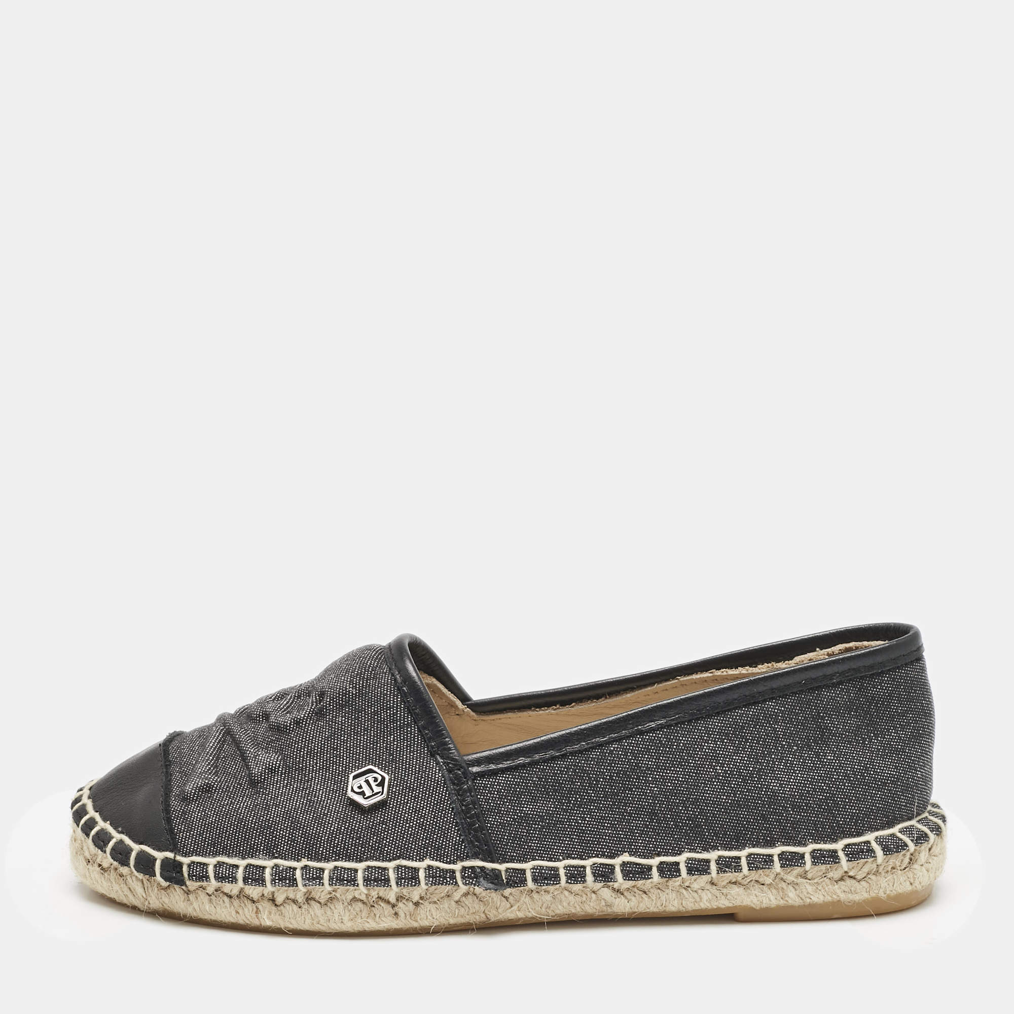 Philipp Plein Grey/Black Canvas and Leather Furious Kid Espadrille Flats Size 34