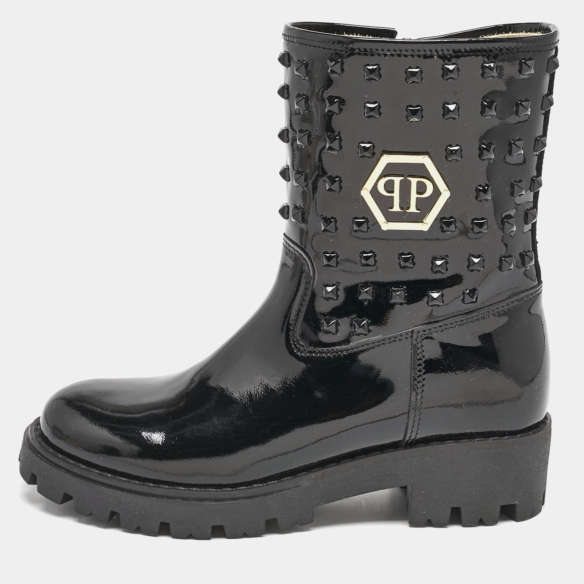 Philipp Plein Black Patent Leather Hide Away Ankle Boots Size 34