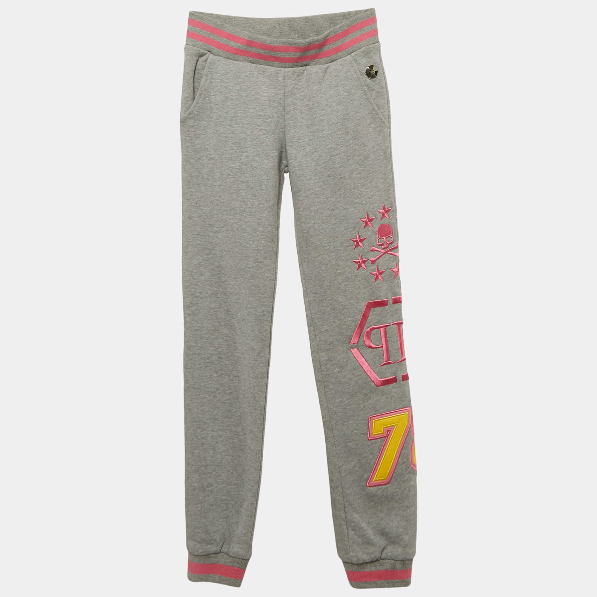 Pre Owned Philipp Plein Junior Grey Embroidered Cotton Knit Joggers 8 Yrs
