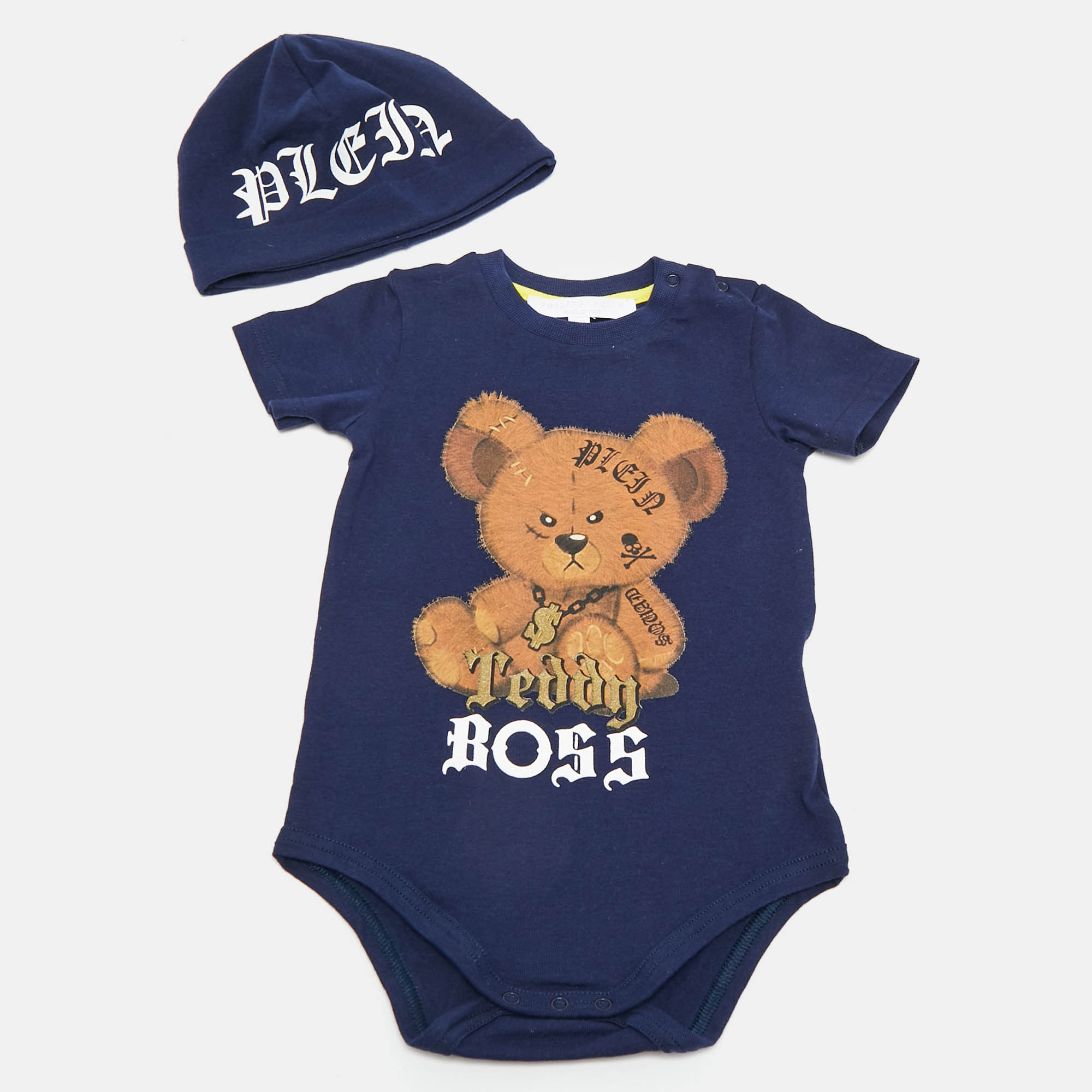 Philipp Plein Baby Blue Teddy Boss Print Cotton Sam D Romper Set 6-9M
