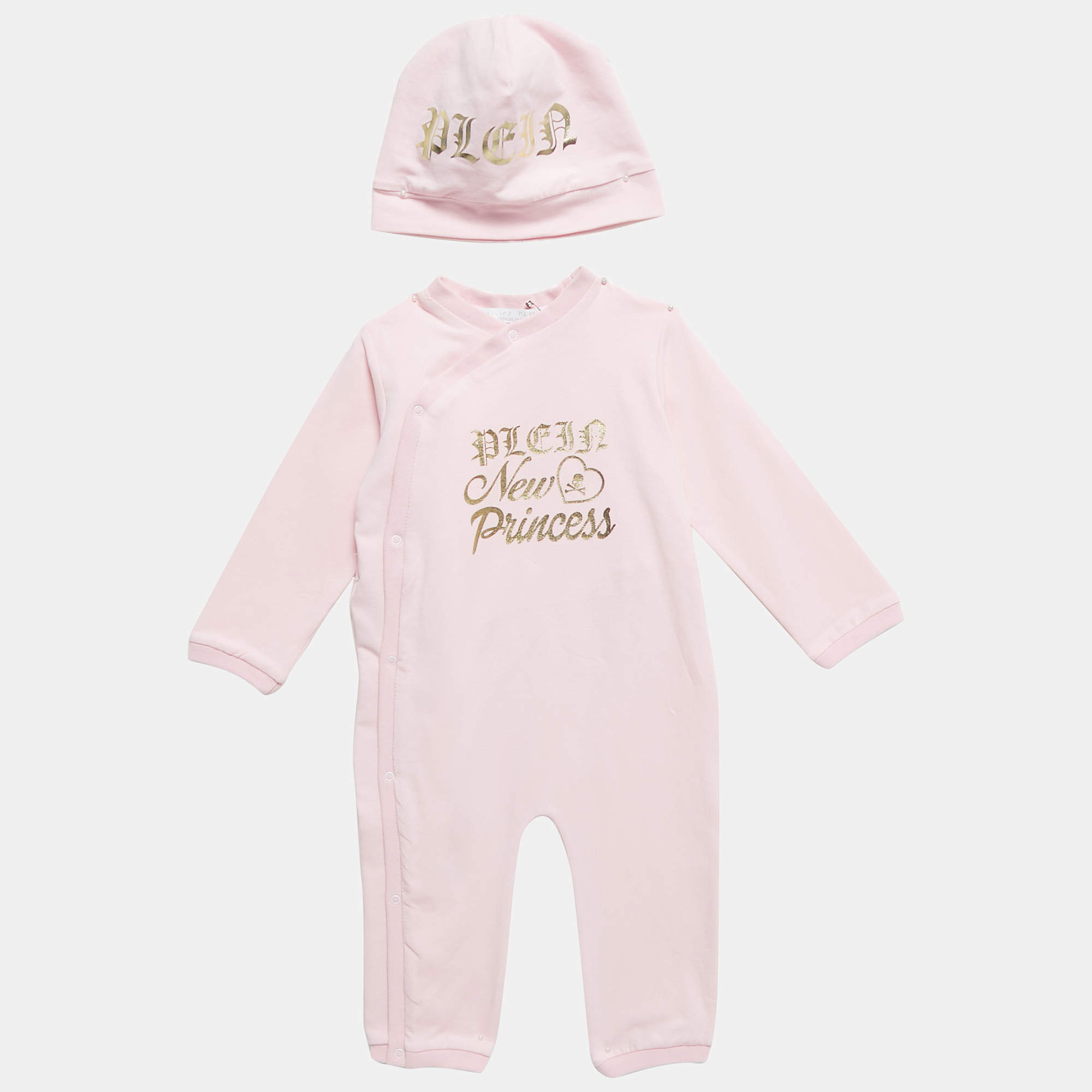 Philipp Plein Pink Printed Jersey Growsuit and Cap Set 9-12M
