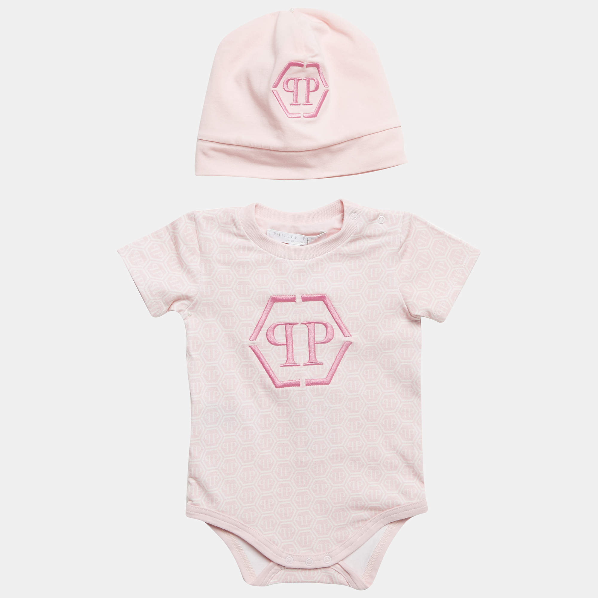 Philipp Plein Pink Printed Jersey Romper and Cap Set 6-9M