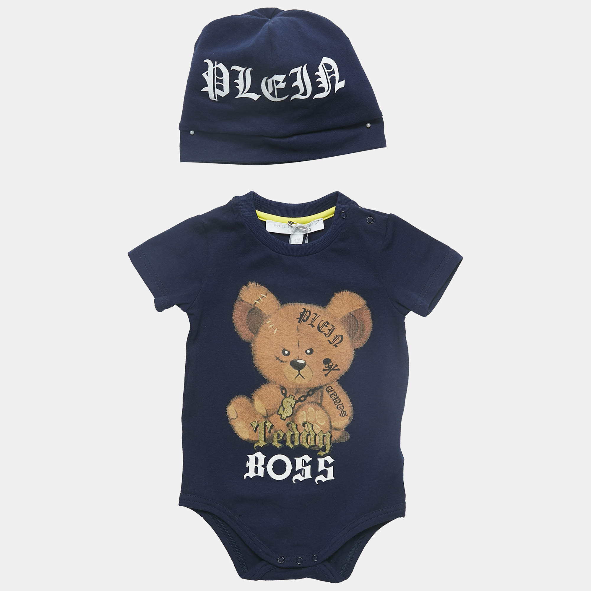 Philipp Plein Junior Navy Blue Teddy Print Cotton Romper Set 3-6M