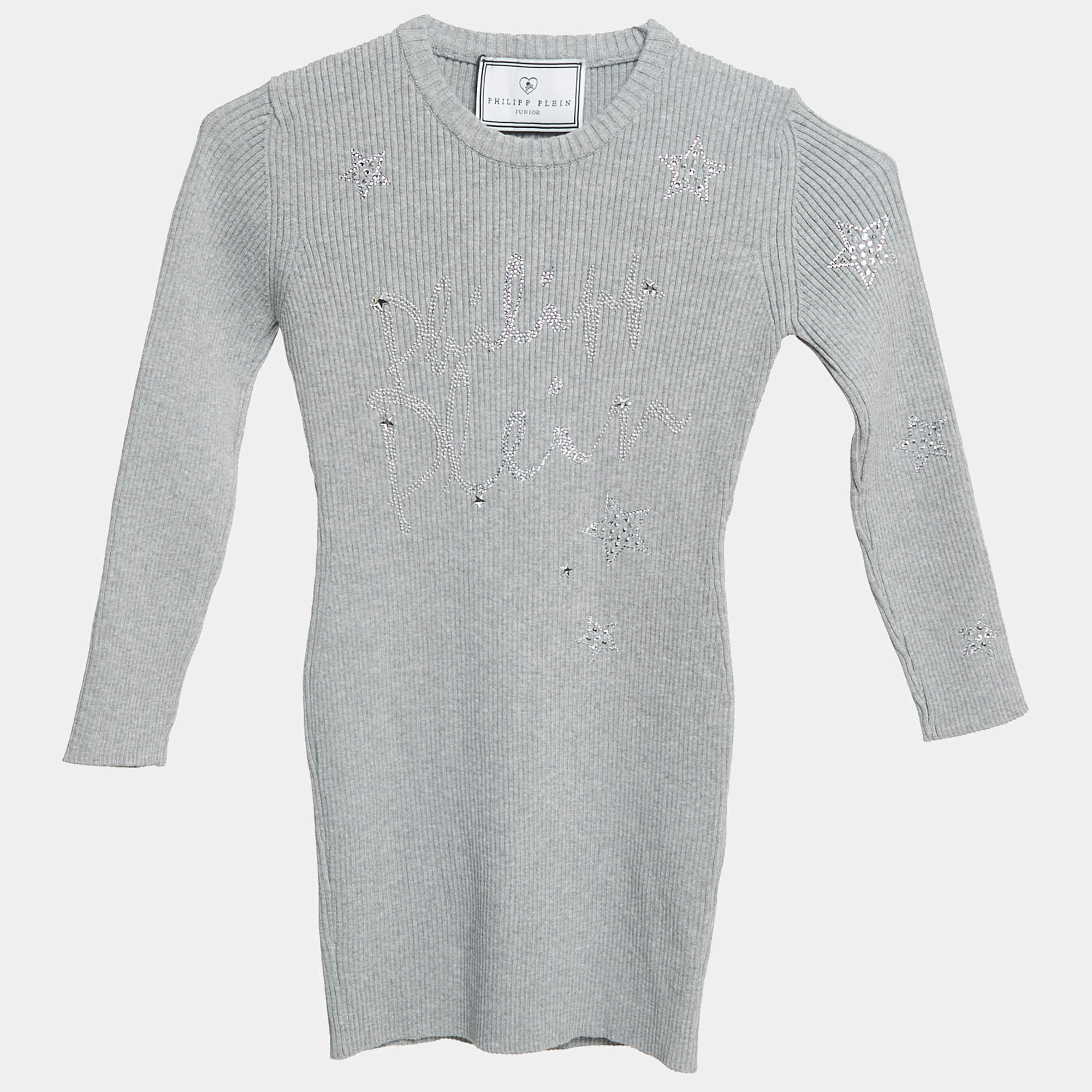 Pre Owned Philipp Plein Junior Grey Crystal Embellished Rib Knit Gaila Dress 6 Yrs 