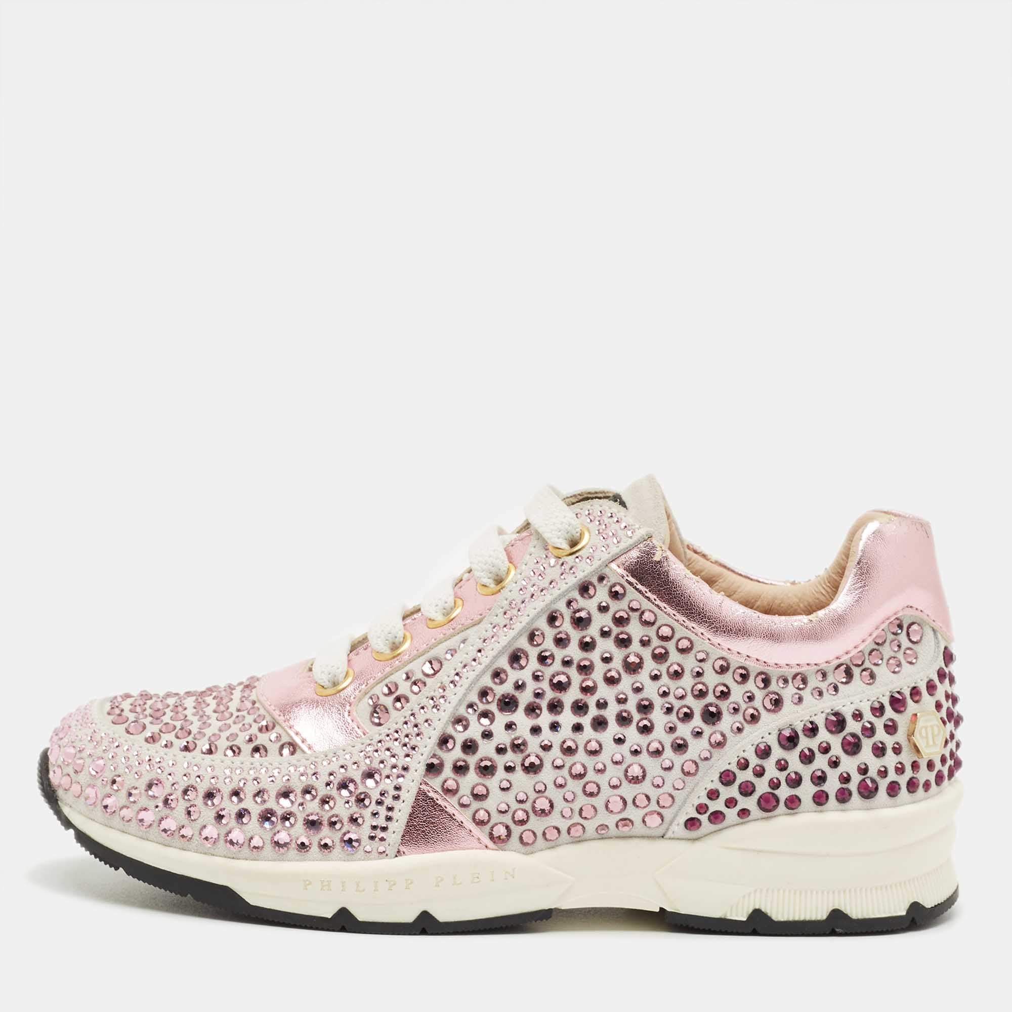 Pre Owned Philipp Plein Metallic Pink/White Leather and Suede Crystal Embellished Klarissa Sneakers Size 30