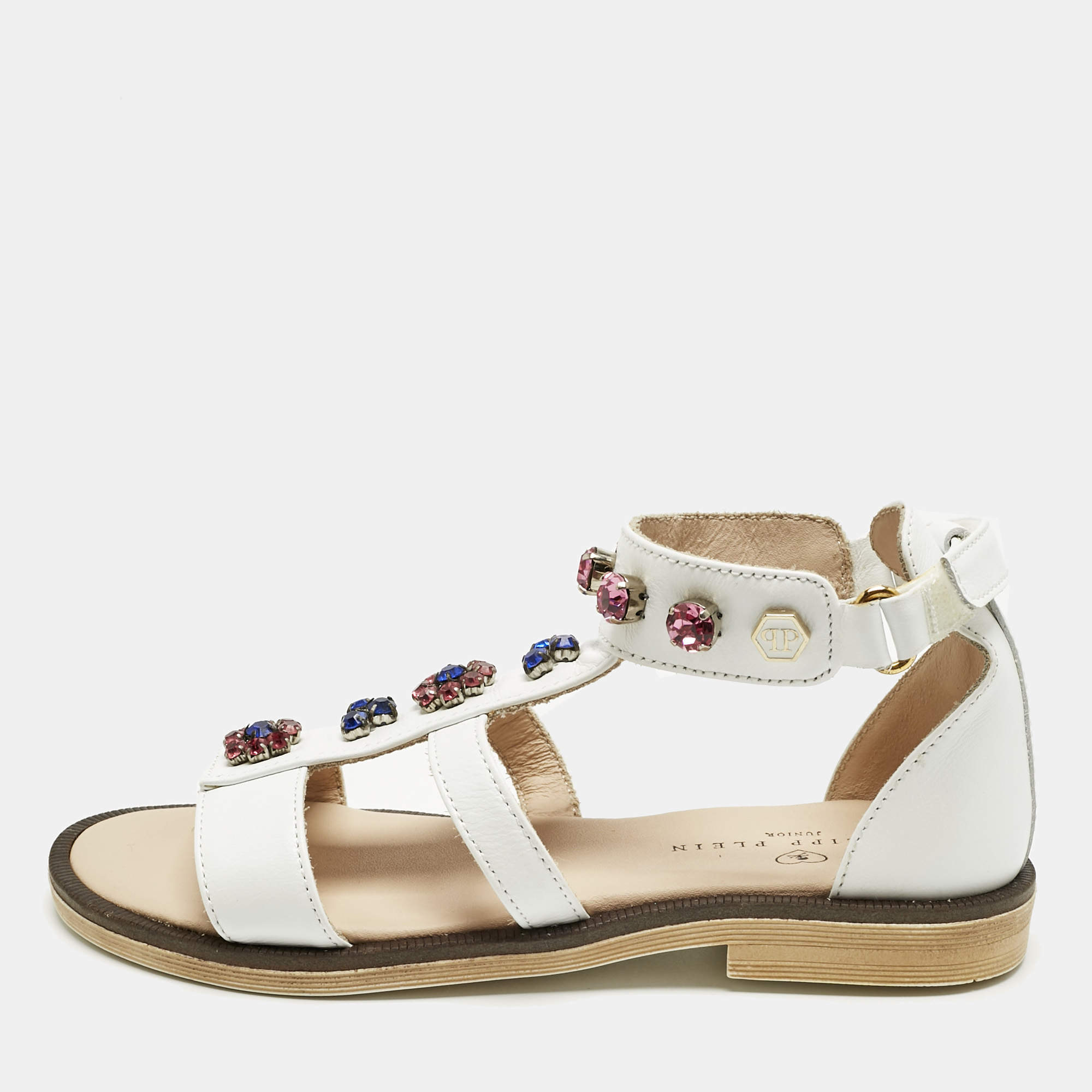 Pre Owned Philipp Plein White Leather Crystal Embellished Flat Sandals Size 30