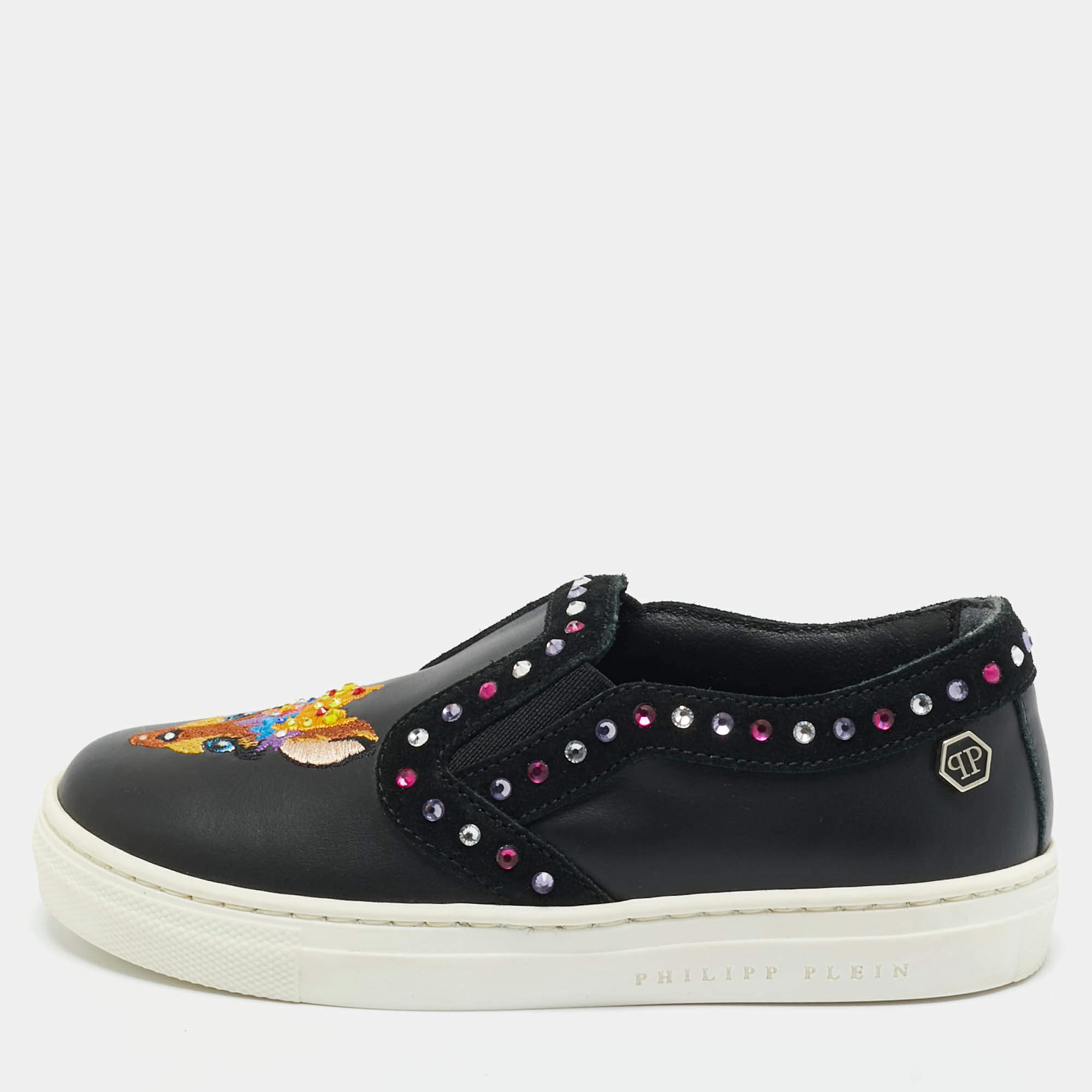 Pre Owned Philipp Plein Black Leather Embellished Lea Sneakers Size 28