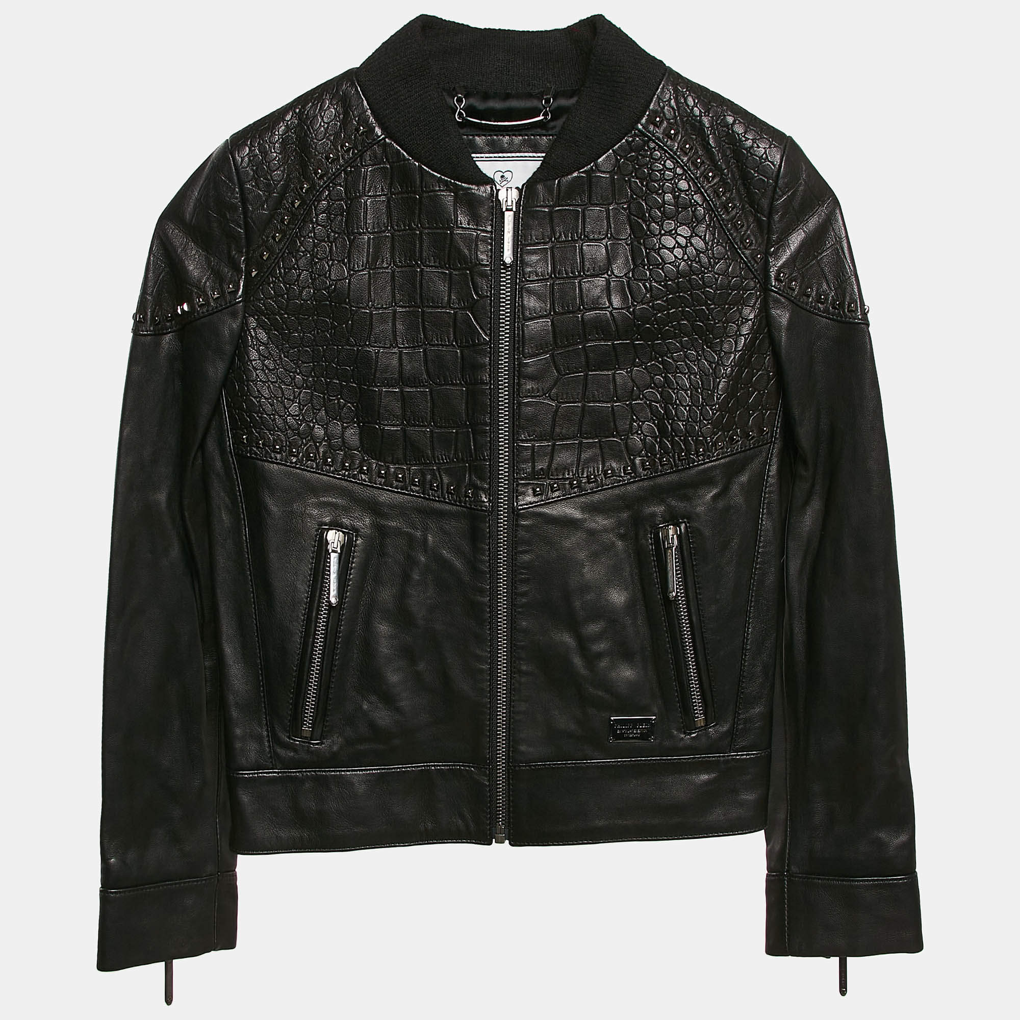 Pre Owned Philipp Plein Junior Black Crocodile Textured Leather Stud Detail Biker Jacket 8 Yrs