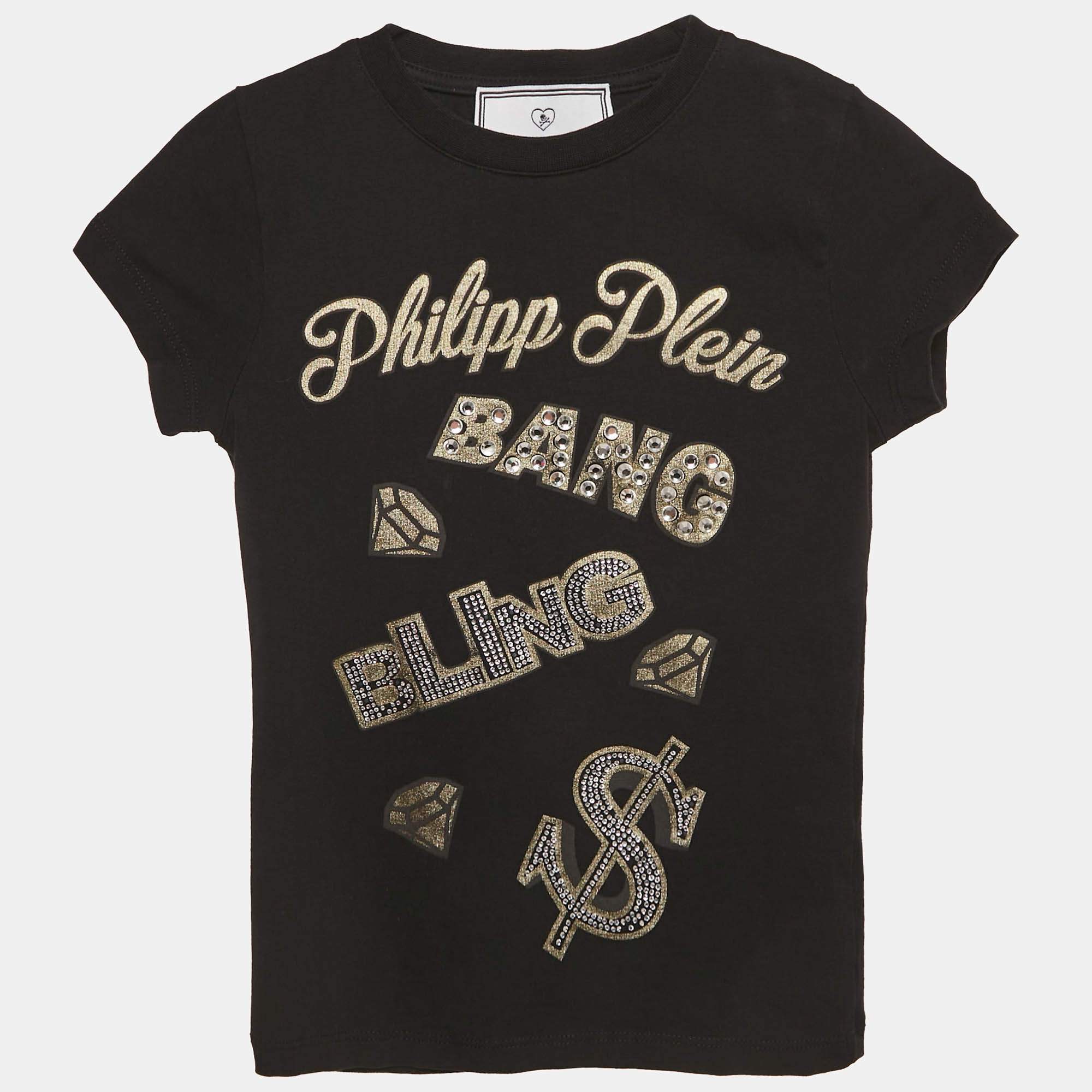 Pre Owned Philipp Plein Junior Black Printed Cotton Stud Detail T-Shirt 6 Yrs