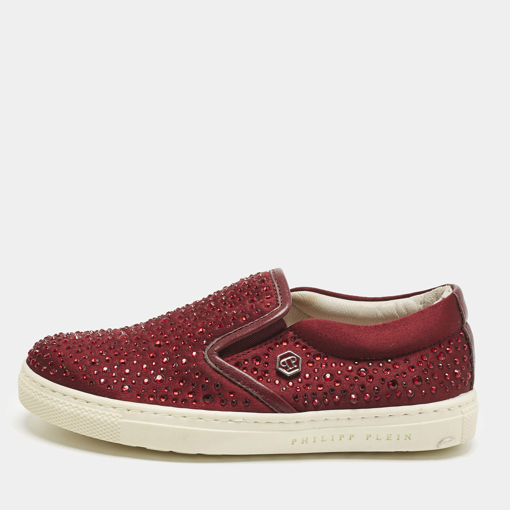 Pre Owned Philipp Plein Burgundy Satin Crystal Embellished Slip On Sneakers Size 28