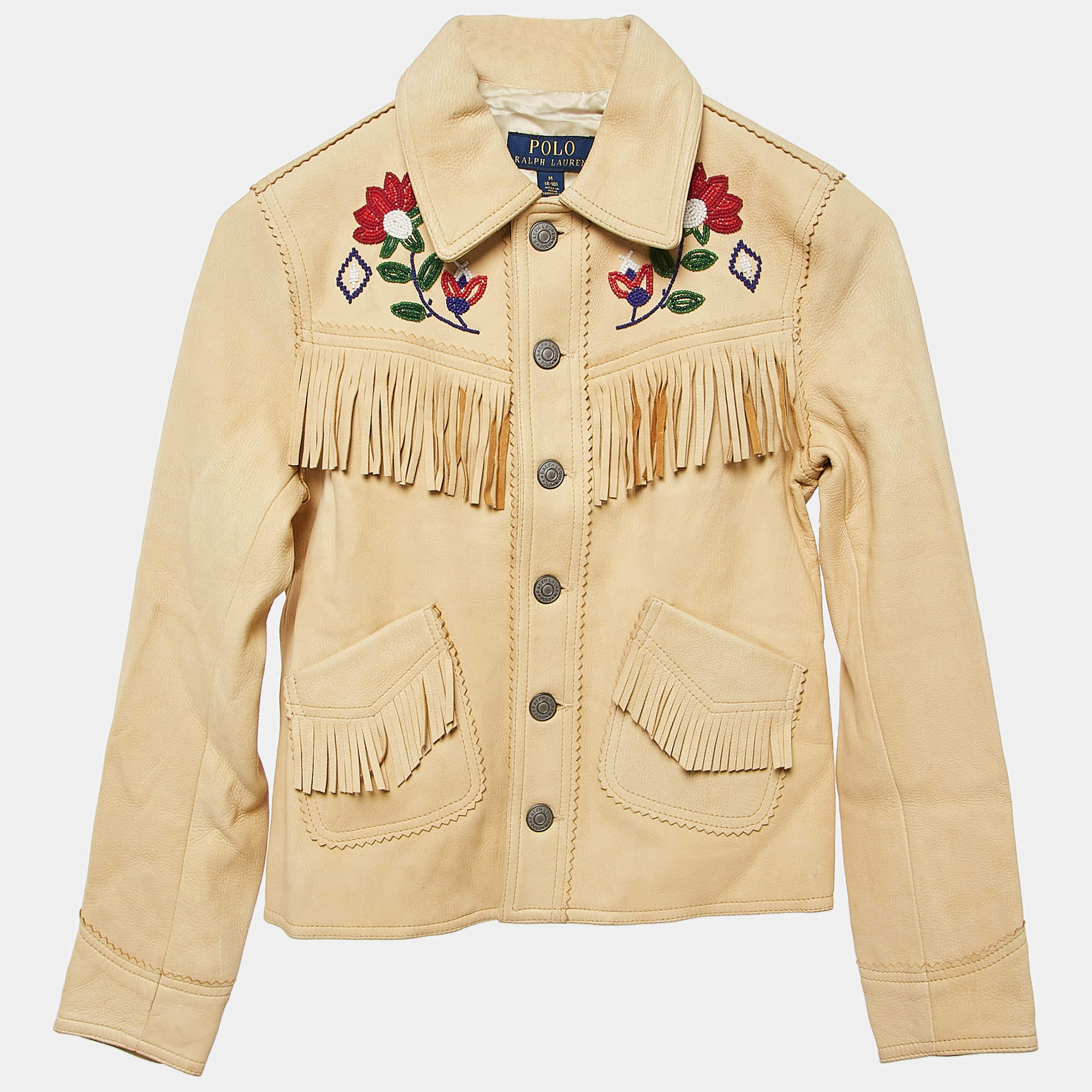 Pre Owned Polo Ralph Lauren Chamois Cream Bead Embellishment Leather Fringed Jacket 8-10 Yrs 