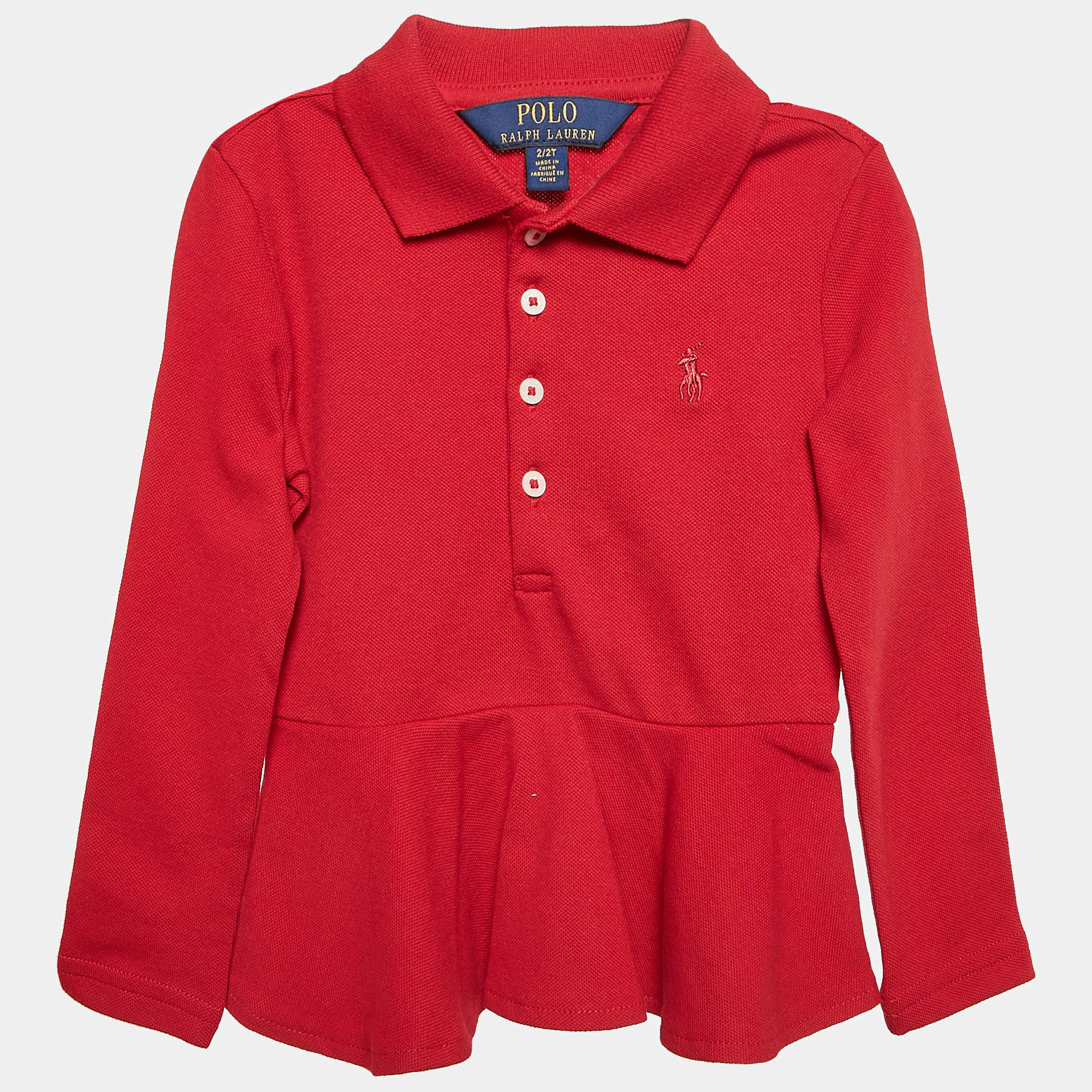 Pre Owned Polo Ralph Lauren Kids Red Cotton Knit Polo Collar Peplum Top 2 T