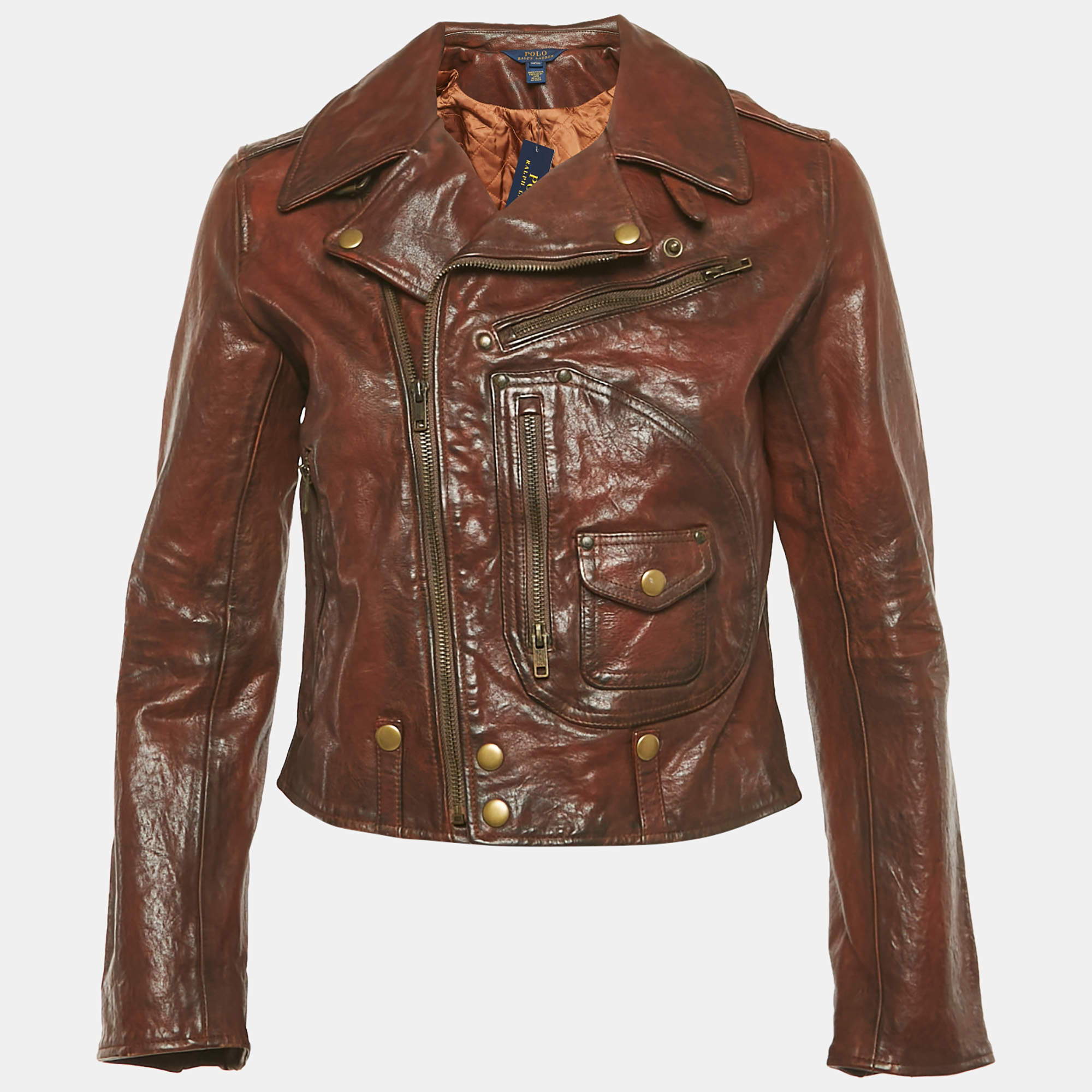 Pre Owned Polo Ralph Lauren Kids Brown Leather Zip-Up Jacket L/12-18 Yrs