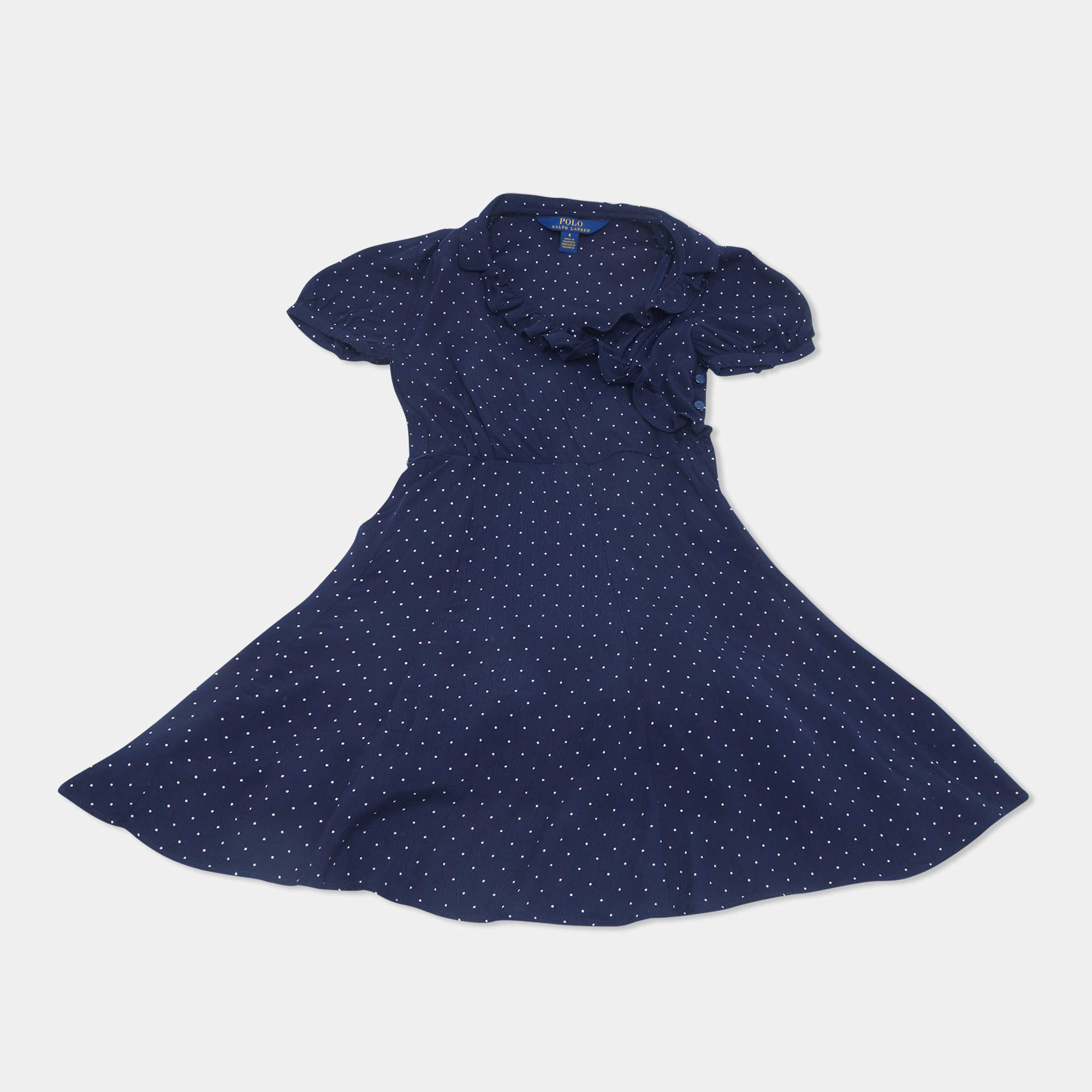 Pre Owned Polo Ralph Lauren Kids Navy Blue Polka Dot Crepe Dress 6 Yrs