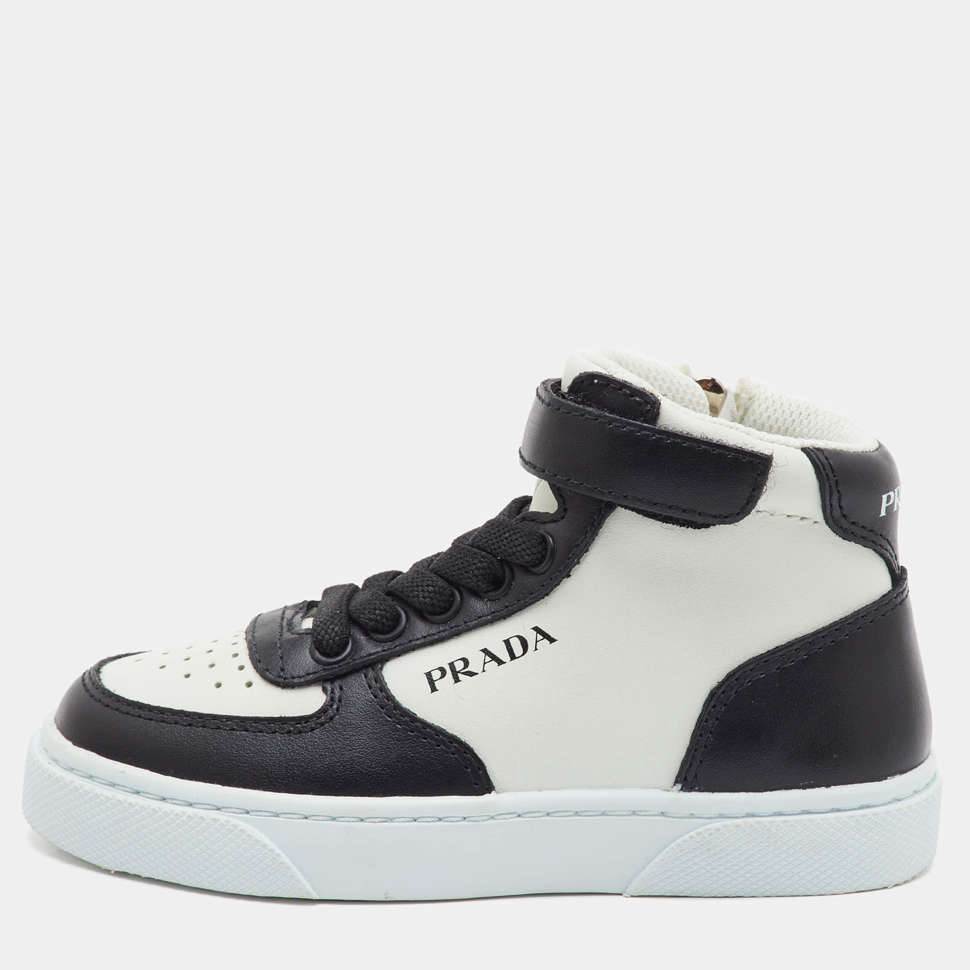 Pre Owned Prada Kids Downtown Size 26 Black/WhiteLeather High Top Sneakers