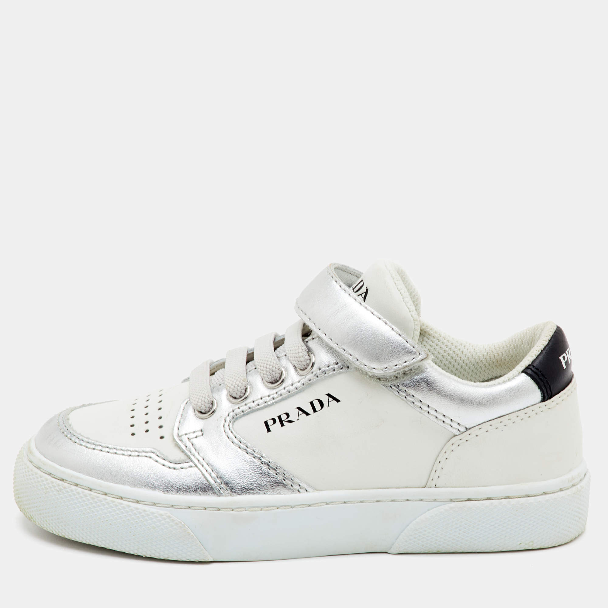 Pre Owned Prada Kids Downtown Size 28 White/Silver Leather Low Top Sneakers