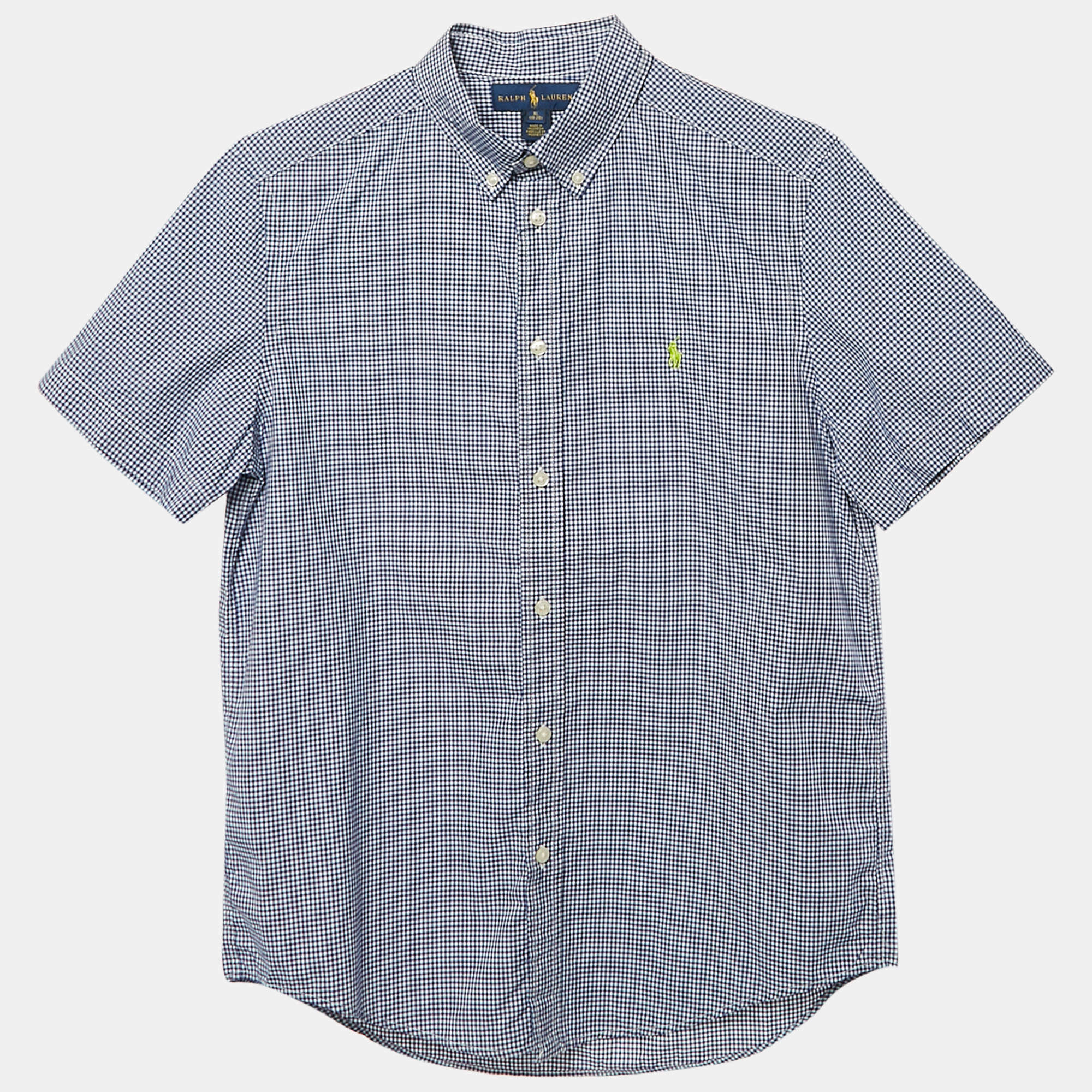 Pre Owned Ralph Lauren Navy Blue Gingham Cotton Short Sleeve Shirt XL 18-20 Yrs