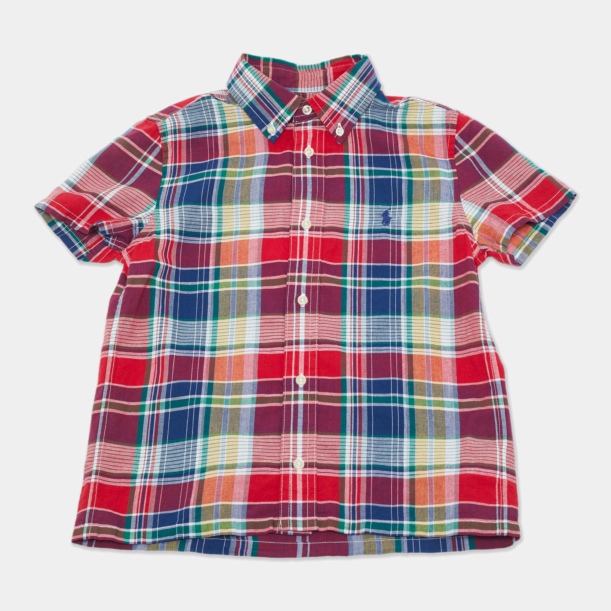 Pre Owned Ralph Lauren Kids Red Checks Cotton Short Sleeve Shirt 7Yrs