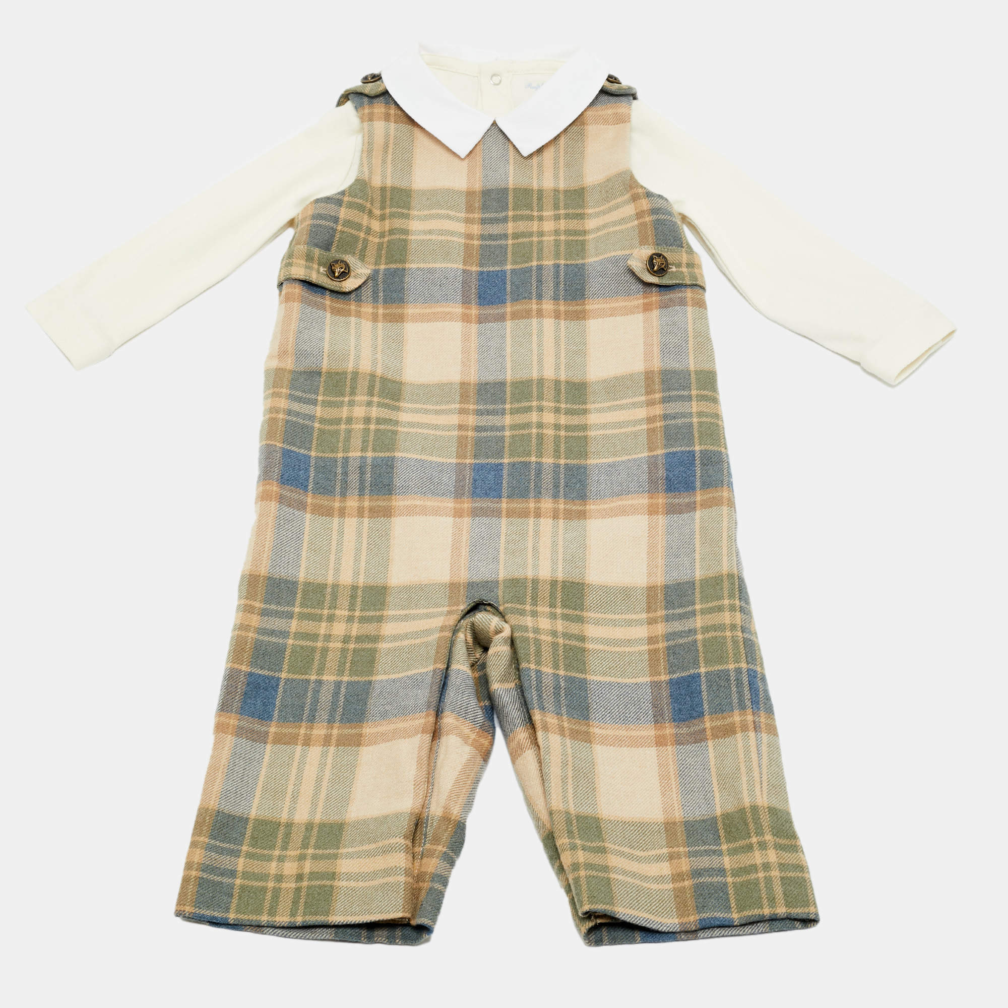Pre Owned Ralph Lauren Kids Beige/White Plaid Cotton Romper Set 9M