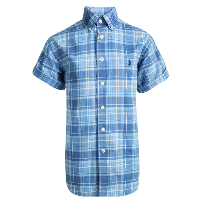 Ralph Lauren Blue Checked Cotton Short Sleeve Buttondown Shirt 8 Yrs