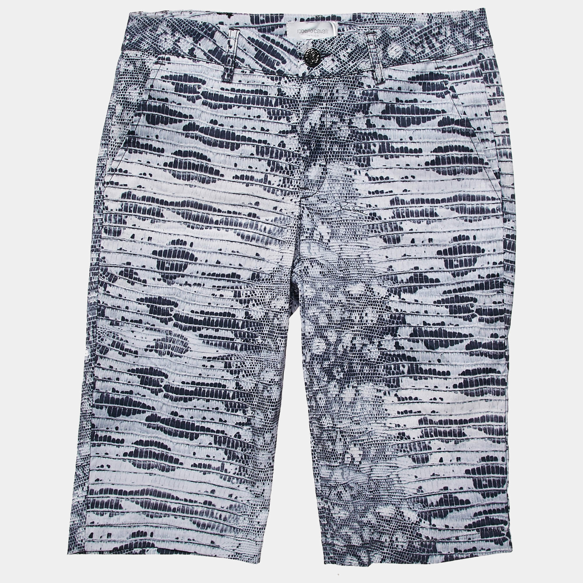 Roberto Cavalli Kids Blue Lizard Print Gabardine Bermuda Shorts L