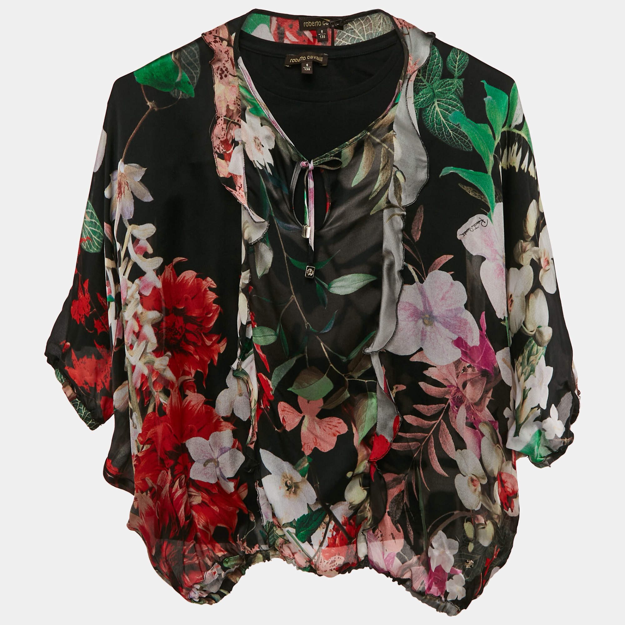 Pre Owned Roberto Cavalli Kids Black Floral Print Silk Top 8 Yrs