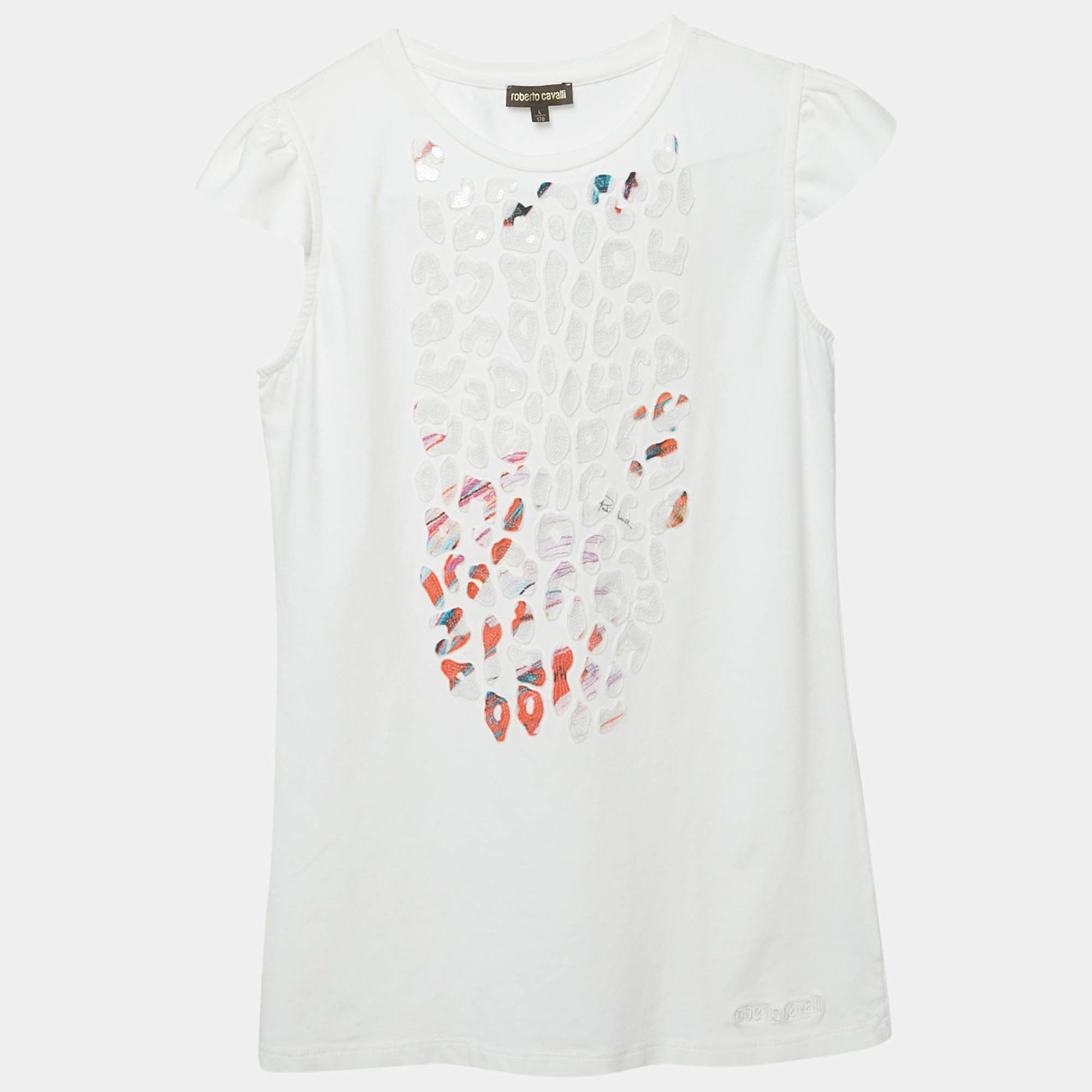 Pre Owned طقم روبرتو كافالي للأطفال جيرسي أبيض مزين بالترتر كبير (12/14 سنة)