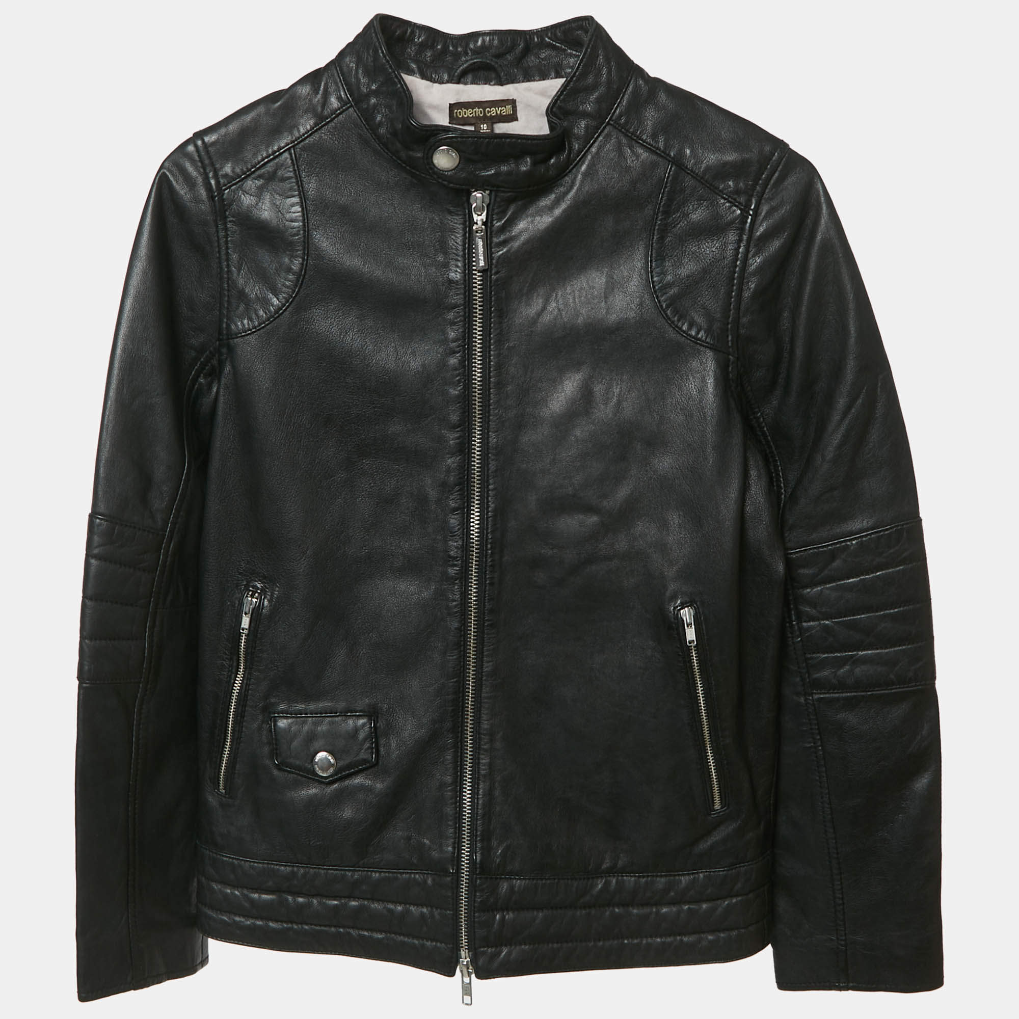 Pre Owned Roberto Cavalli Black Leather Zip Up Jacket 10Yrs