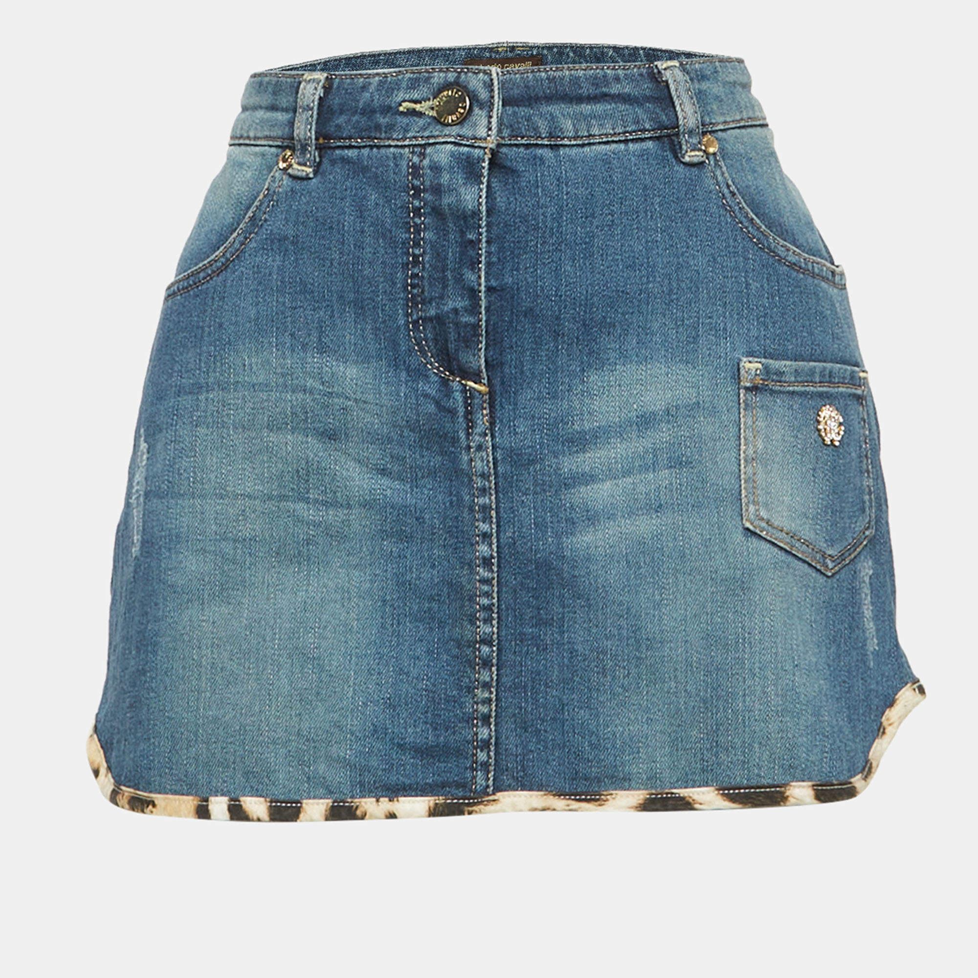 مملوكة مسبقًا Roberto Cavalli Blue Denim Leopard Trim Mini Skirt 14-16 Yrs