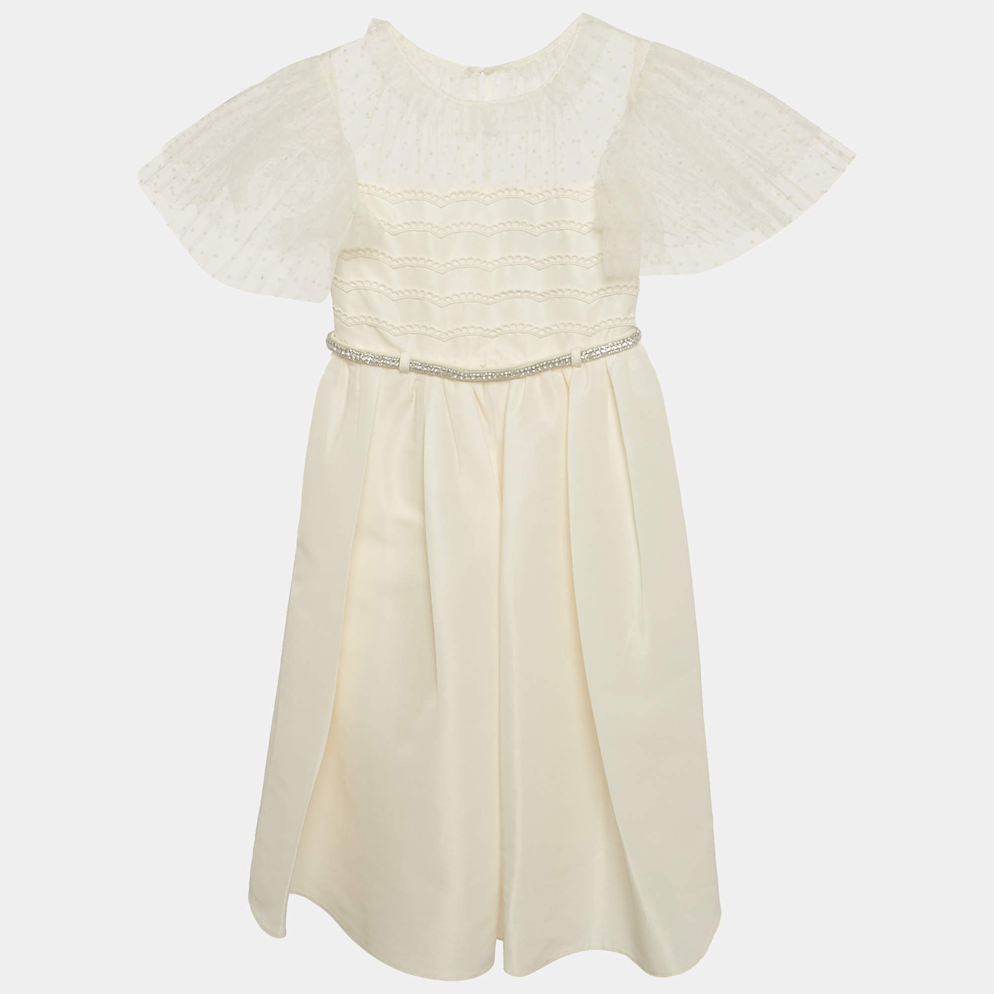Self-Portrait Off-White Satin and Tulle Stud Belted Dress 3-4 Yrs