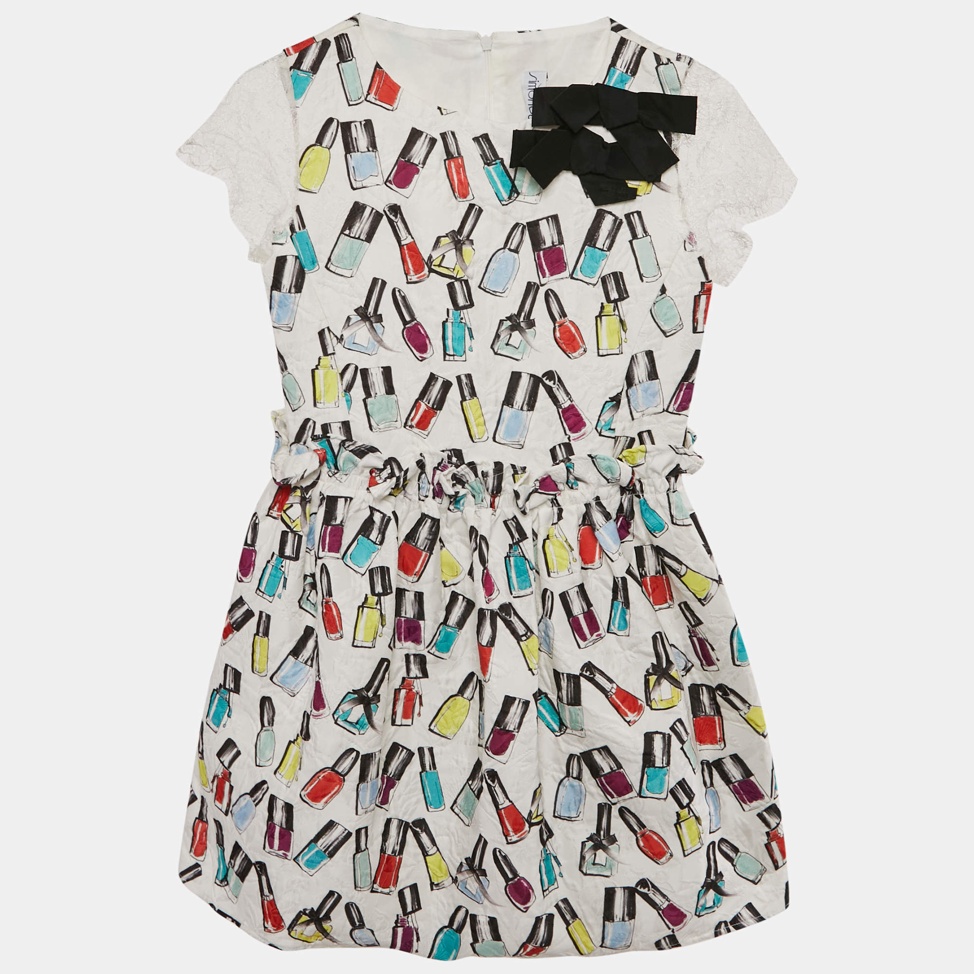 Simonetta White Jacquard Nail Paint Print Ruffled Sleeveless Dress 12 Yrs
