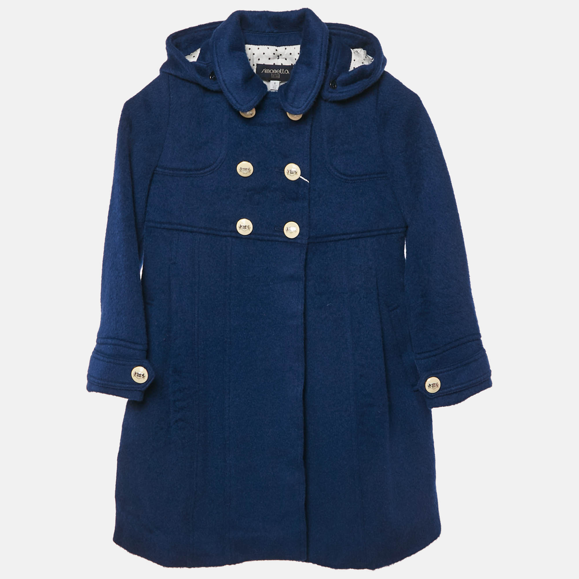 Simonetta Kids Navy Blue Wool Detachable Hood Double Breasted Coat 4 Yrs