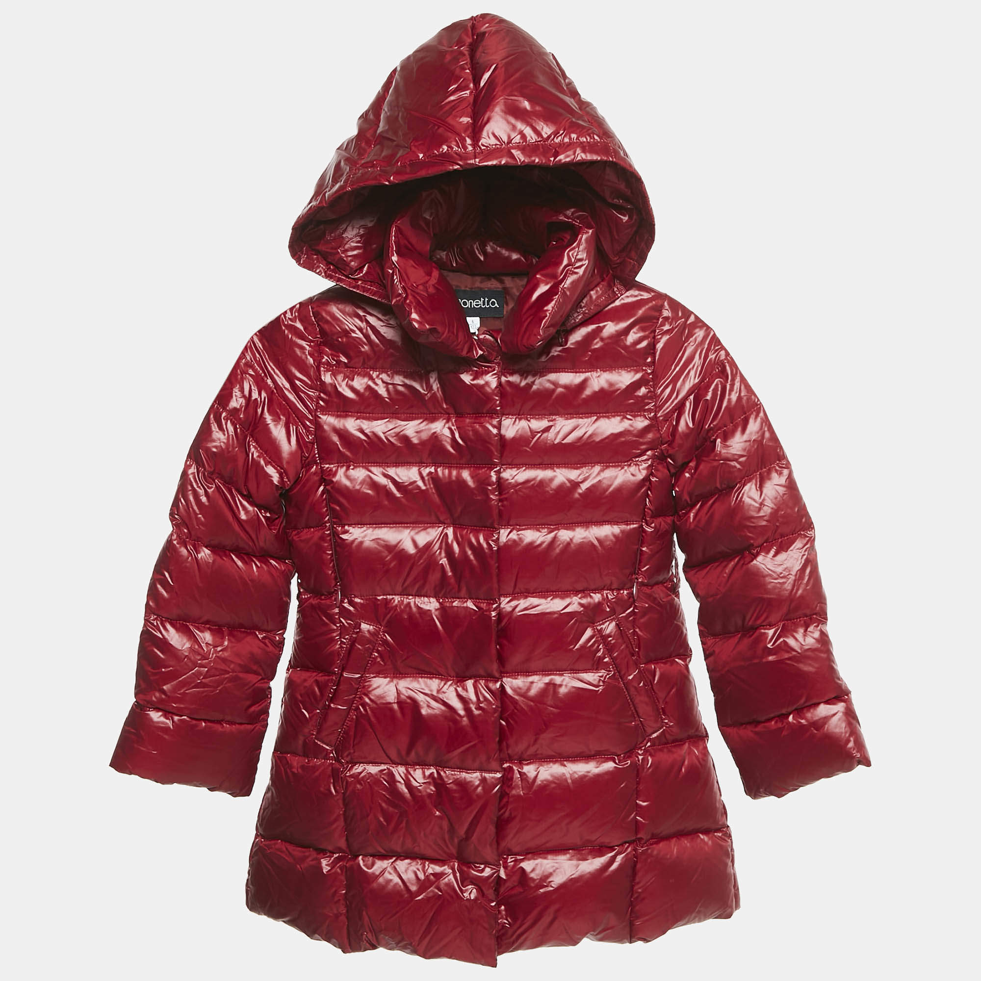 Simonetta Kids Dark Red Nylon Zip-Up Hooded Down Jacket 6 Yrs