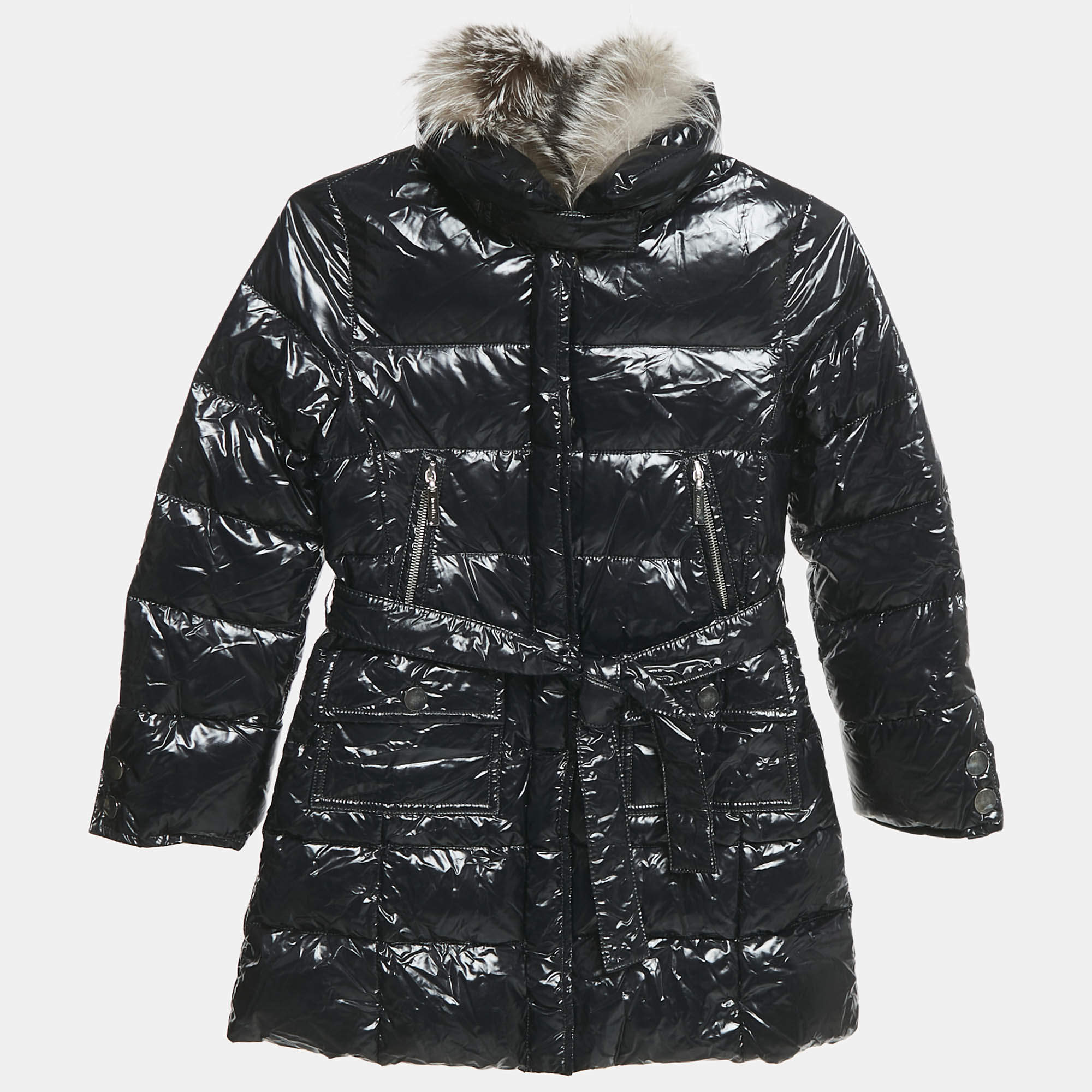Simonetta Kids Black Nylon Detachable Fur Belted Down Jacket 8 Yrs