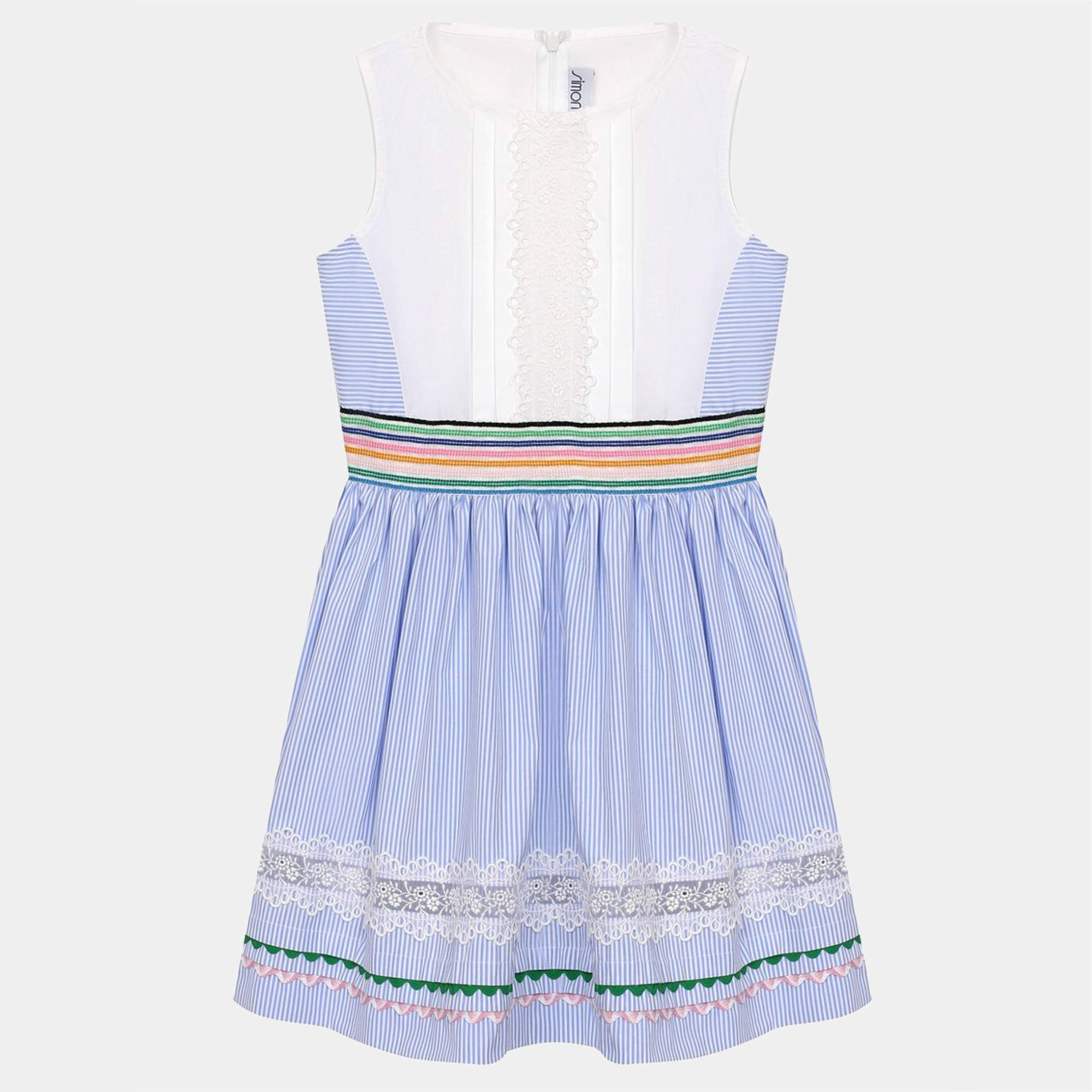 Simonetta Kids White/Blue Stripe Cotton Trimmed Sleeveless Dress 6 Yrs