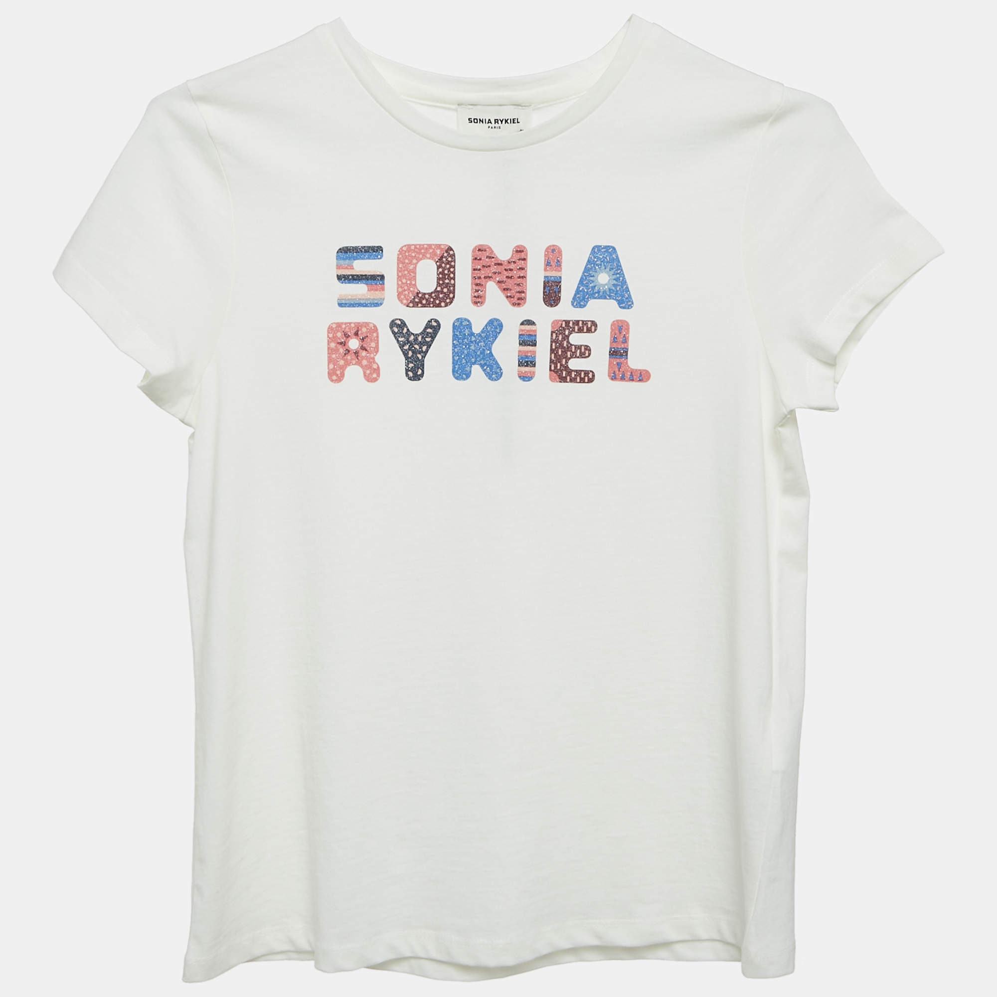 Pre Owned Sonia Rykiel Kids White Logo Print Cotton Crew Neck T-Shirt 12 Yrs