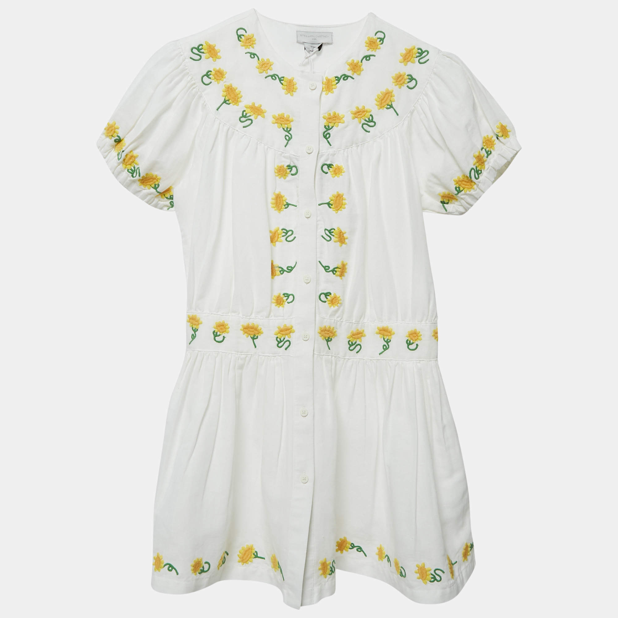 Pre Owned Stella McCartney Kids White Sunflower Embroidered Linen Blend Dress 12 Yrs 