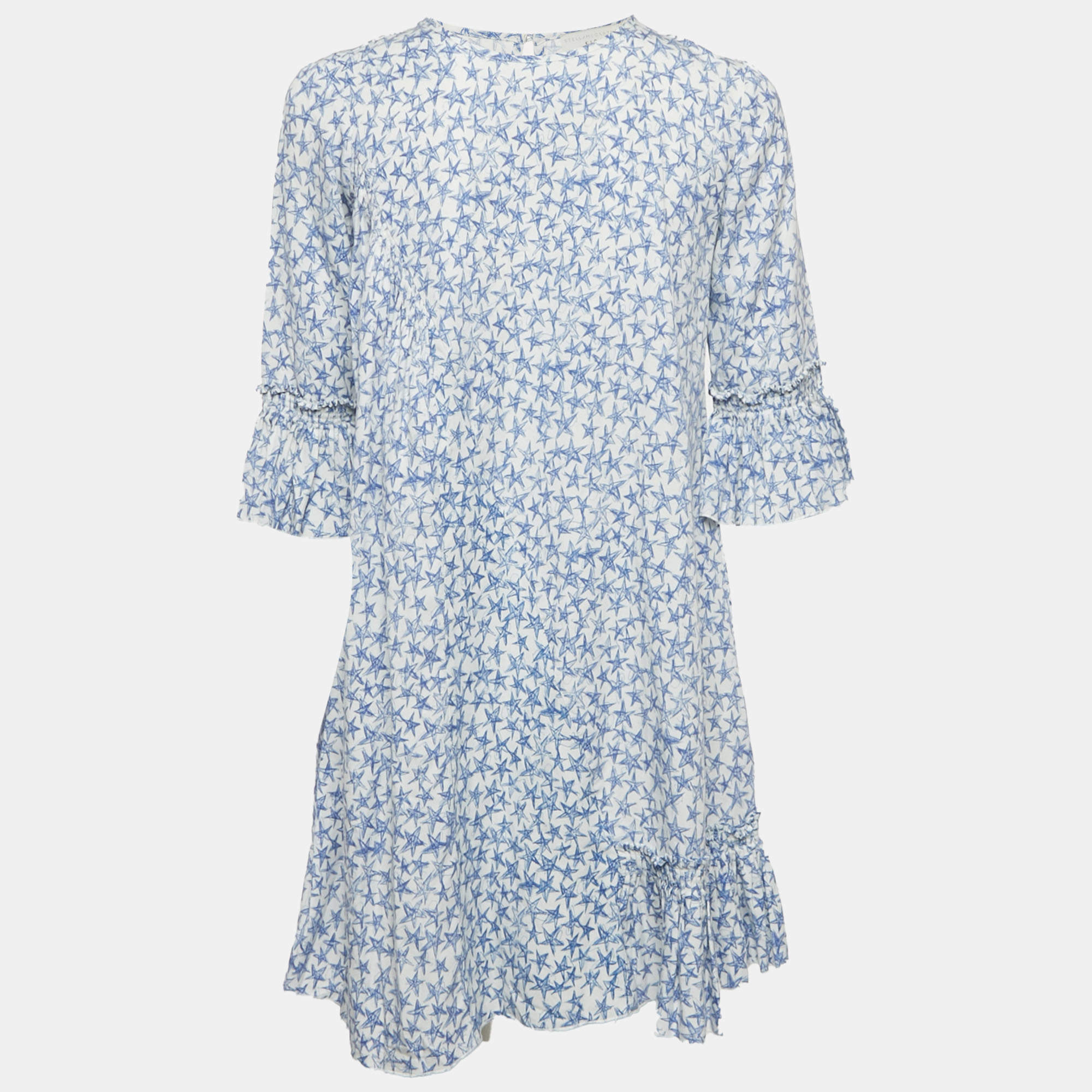 مملوكة مسبقًا Stella McCartney Kids White Star Print Lyocell Ruffled Cuff Dress 14Yrs 